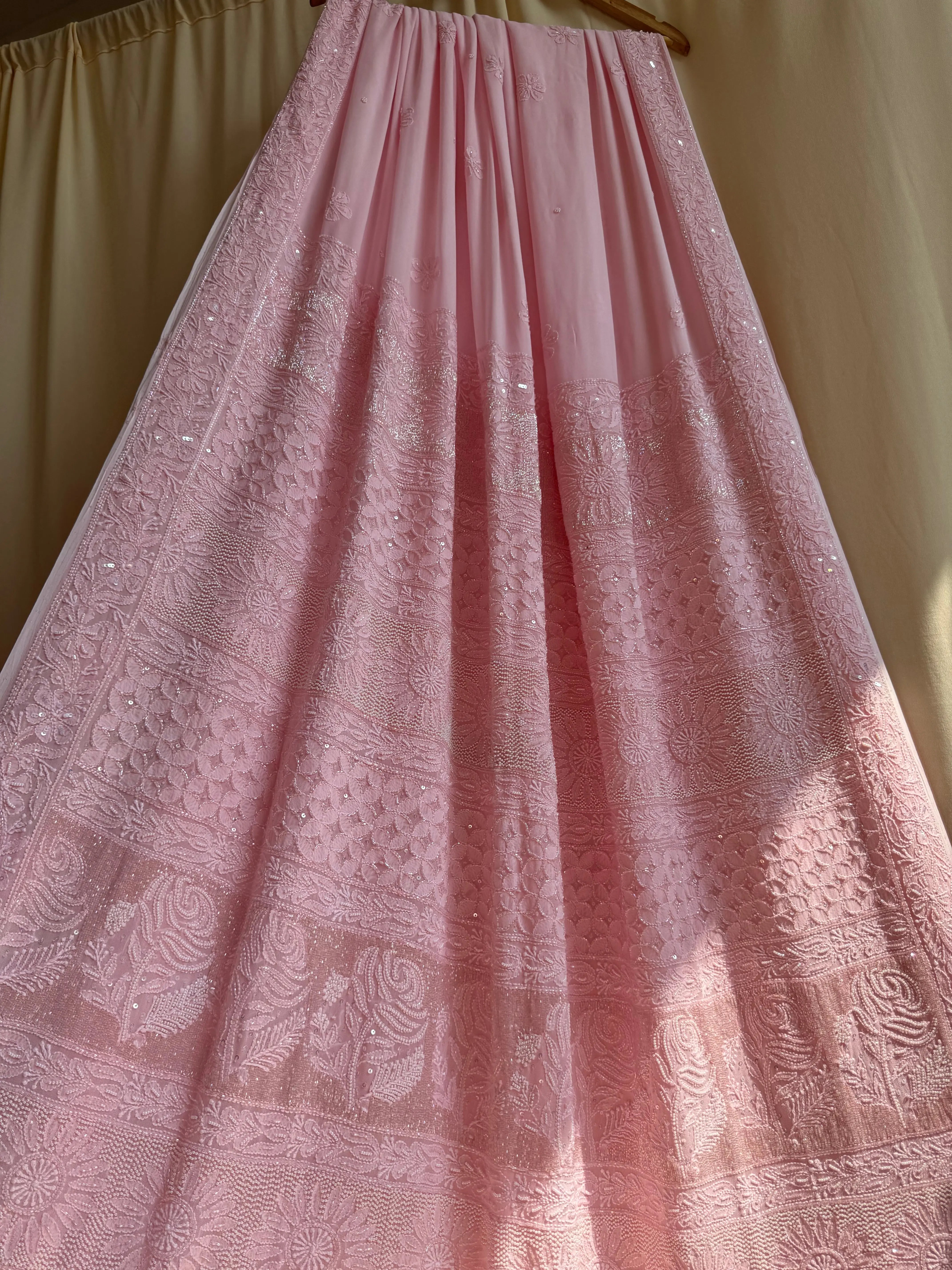 Viscose Pink Chikankari saree with Pearl embellishments ARIAA CHIKANKARI 