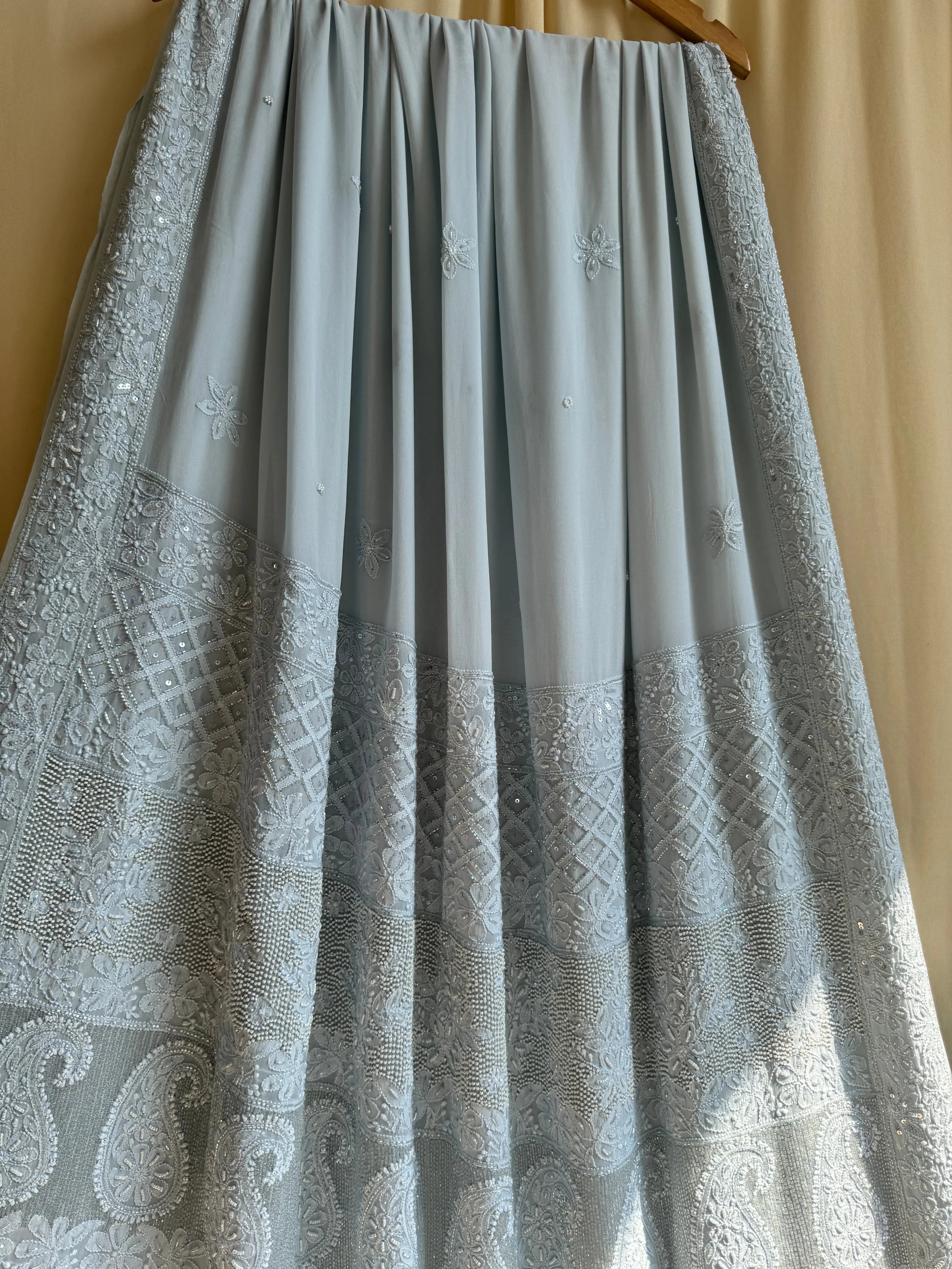 Viscose Grey Chikankari saree with Pearl embellishments ARIAA CHIKANKARI 