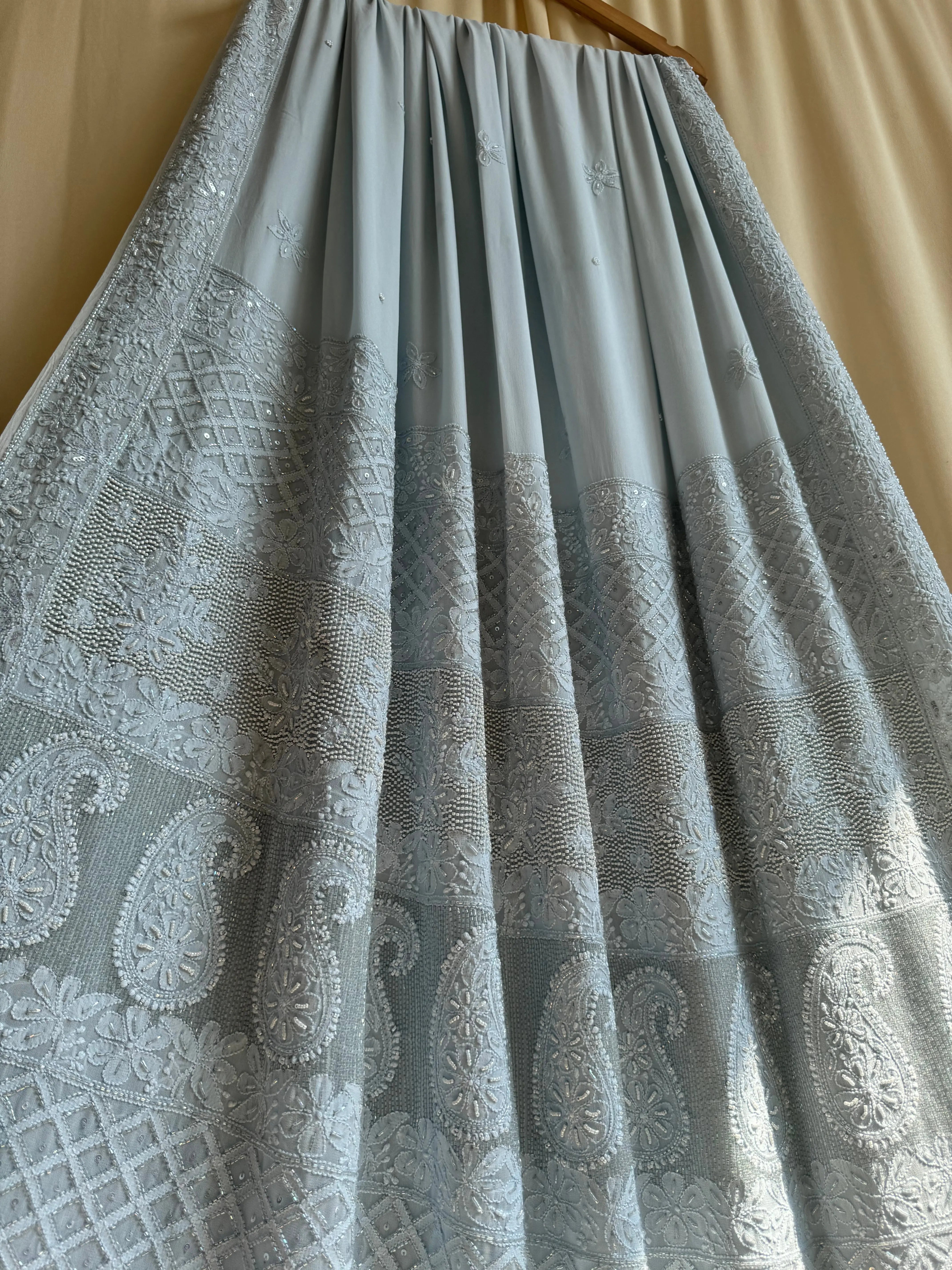 Viscose Grey Chikankari saree with Pearl embellishments ARIAA CHIKANKARI 