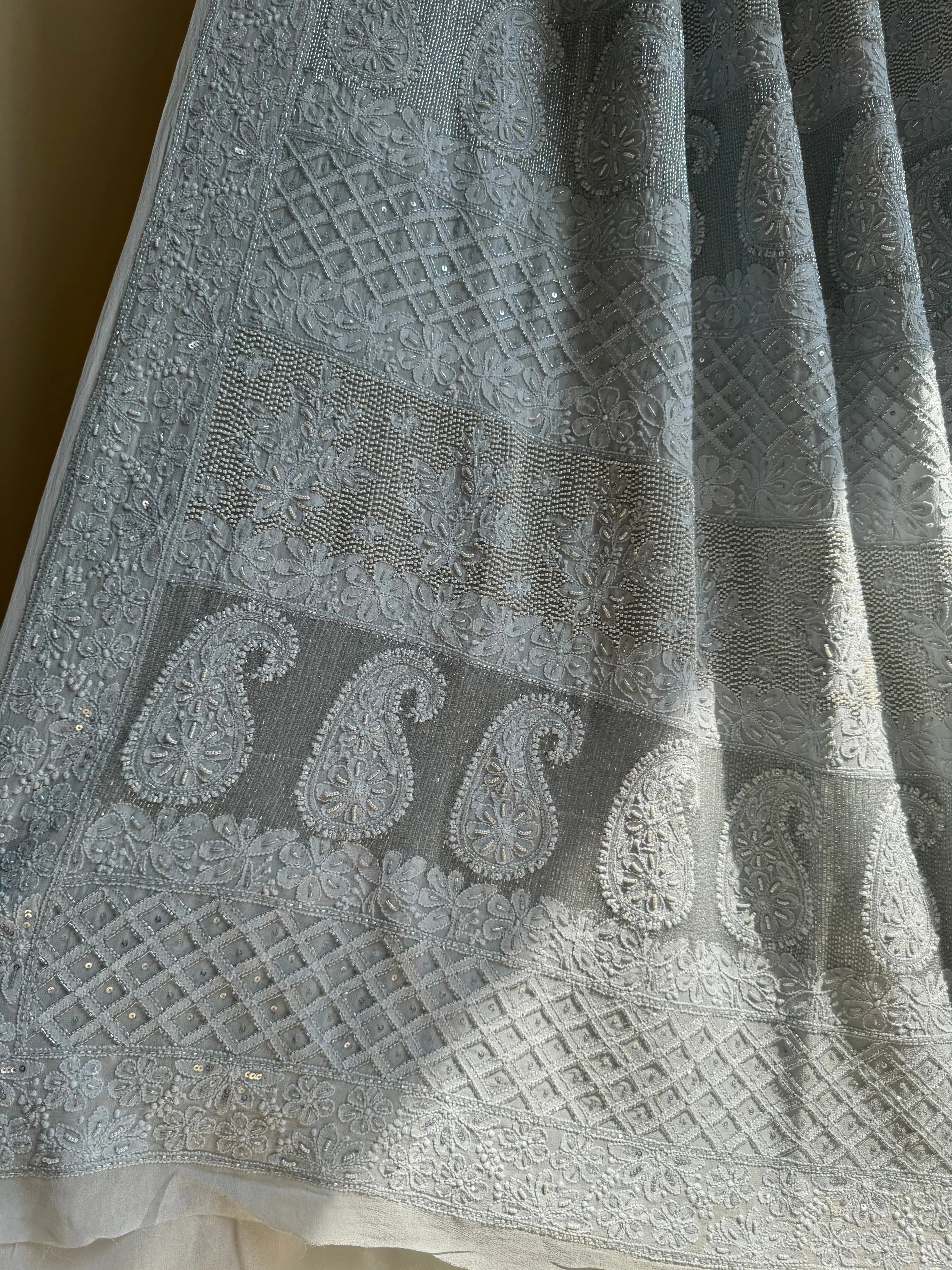 Viscose Grey Chikankari saree with Pearl embellishments ARIAA CHIKANKARI 