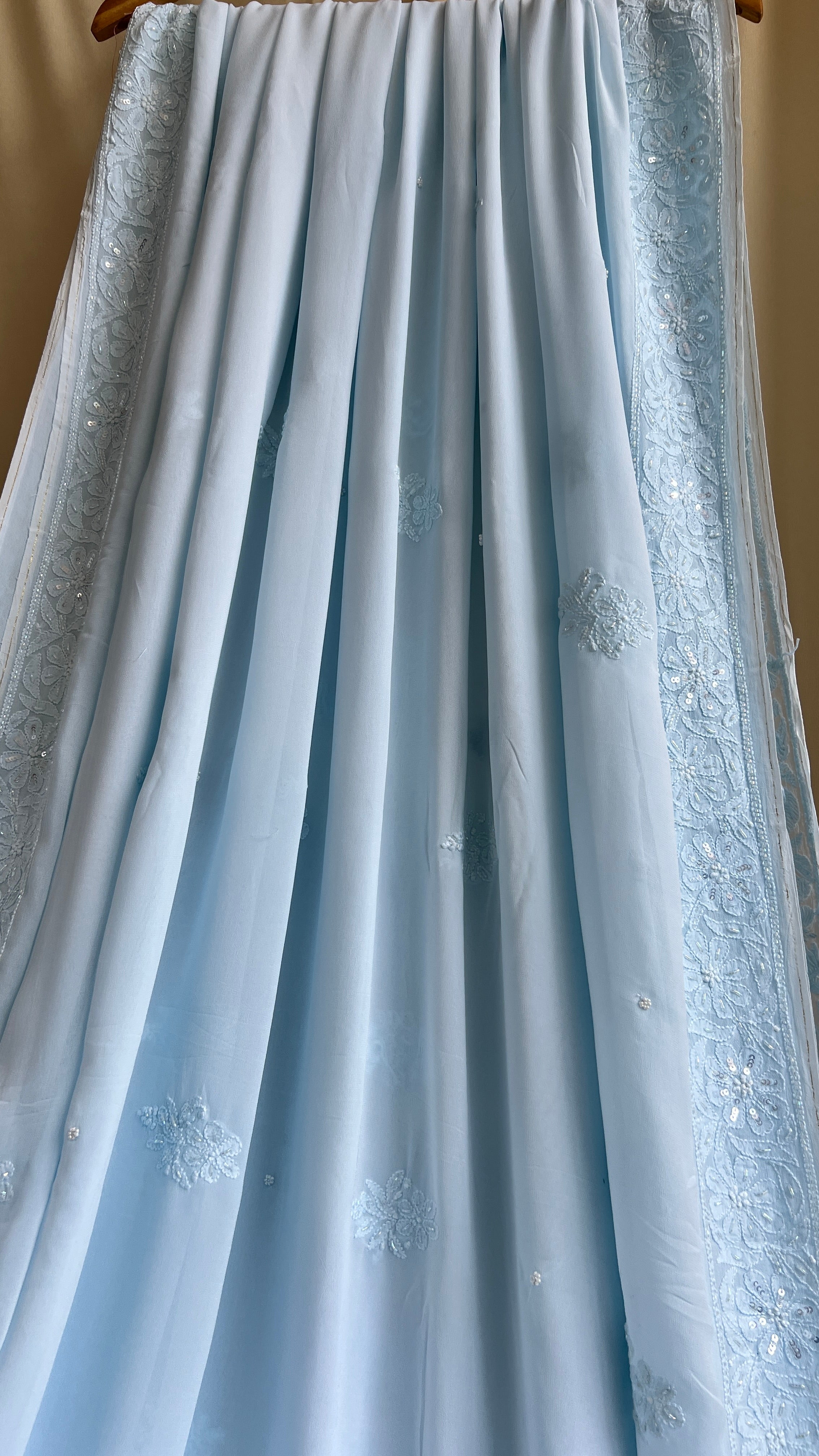 Viscose Chikankari saree with Pearl embellishments - Blue