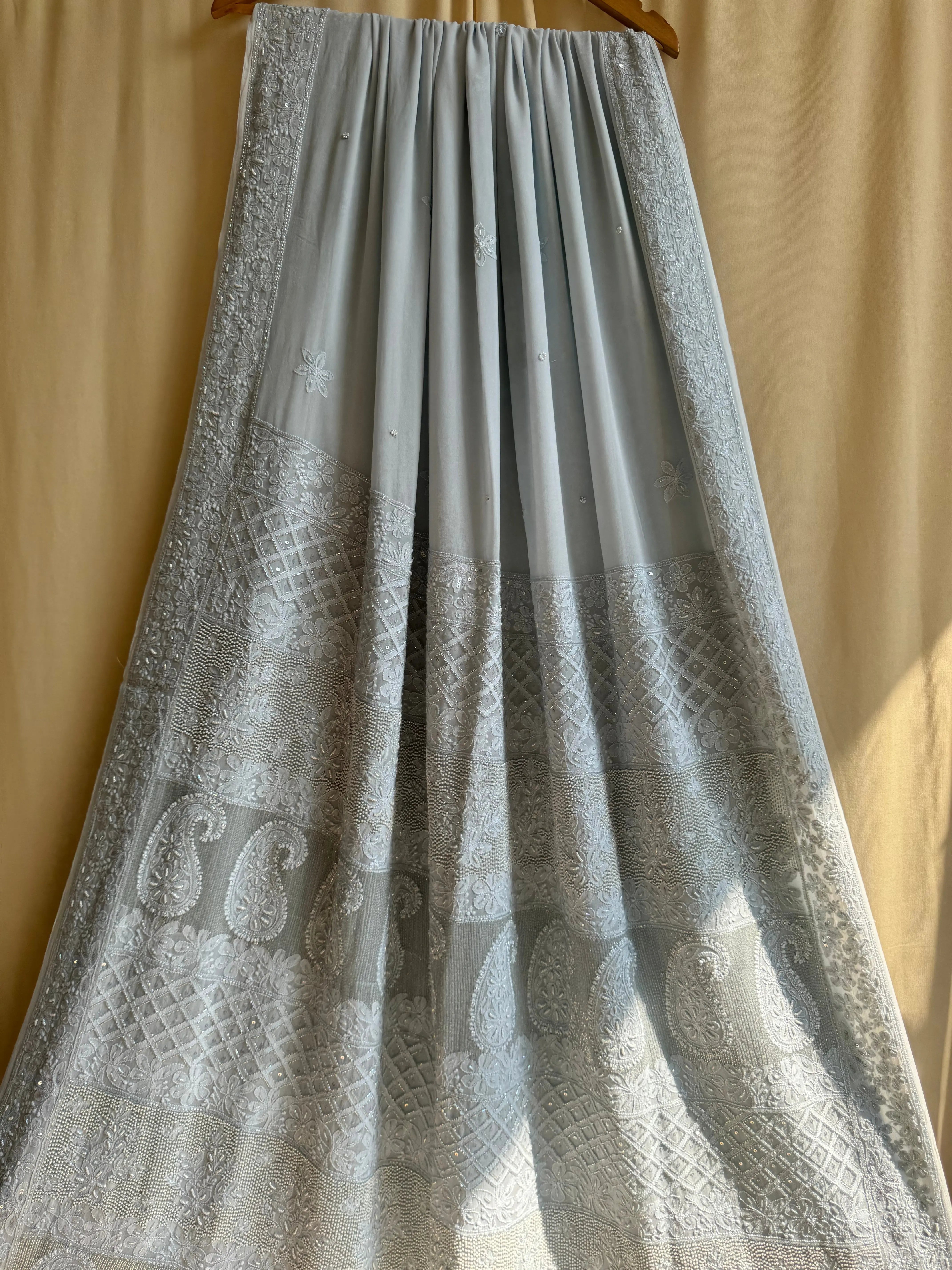 Viscose Grey Chikankari saree with Pearl embellishments ARIAA CHIKANKARI 