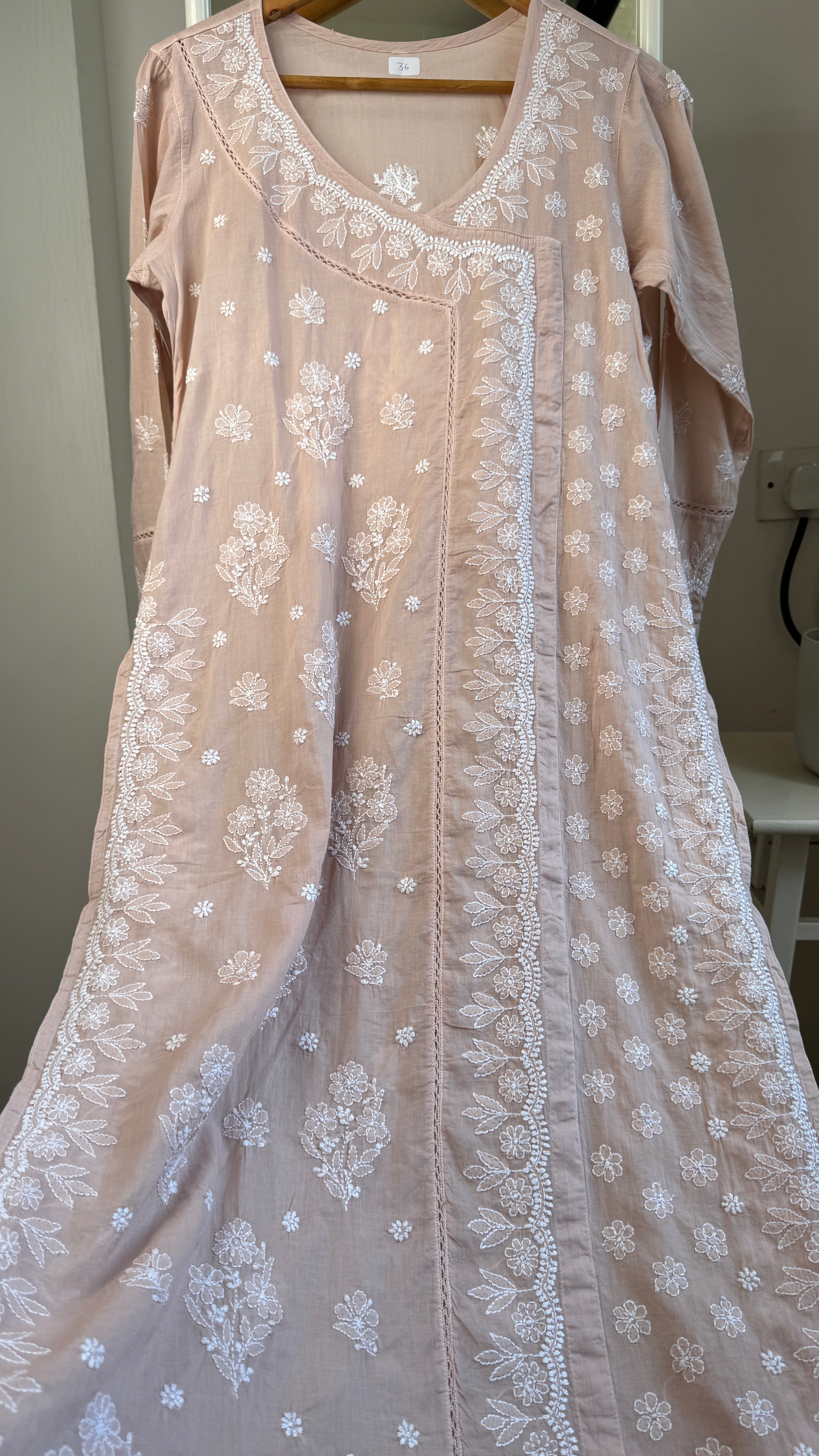Mul Cotton Light Brown Chikankari Kurti - Saaz Collection