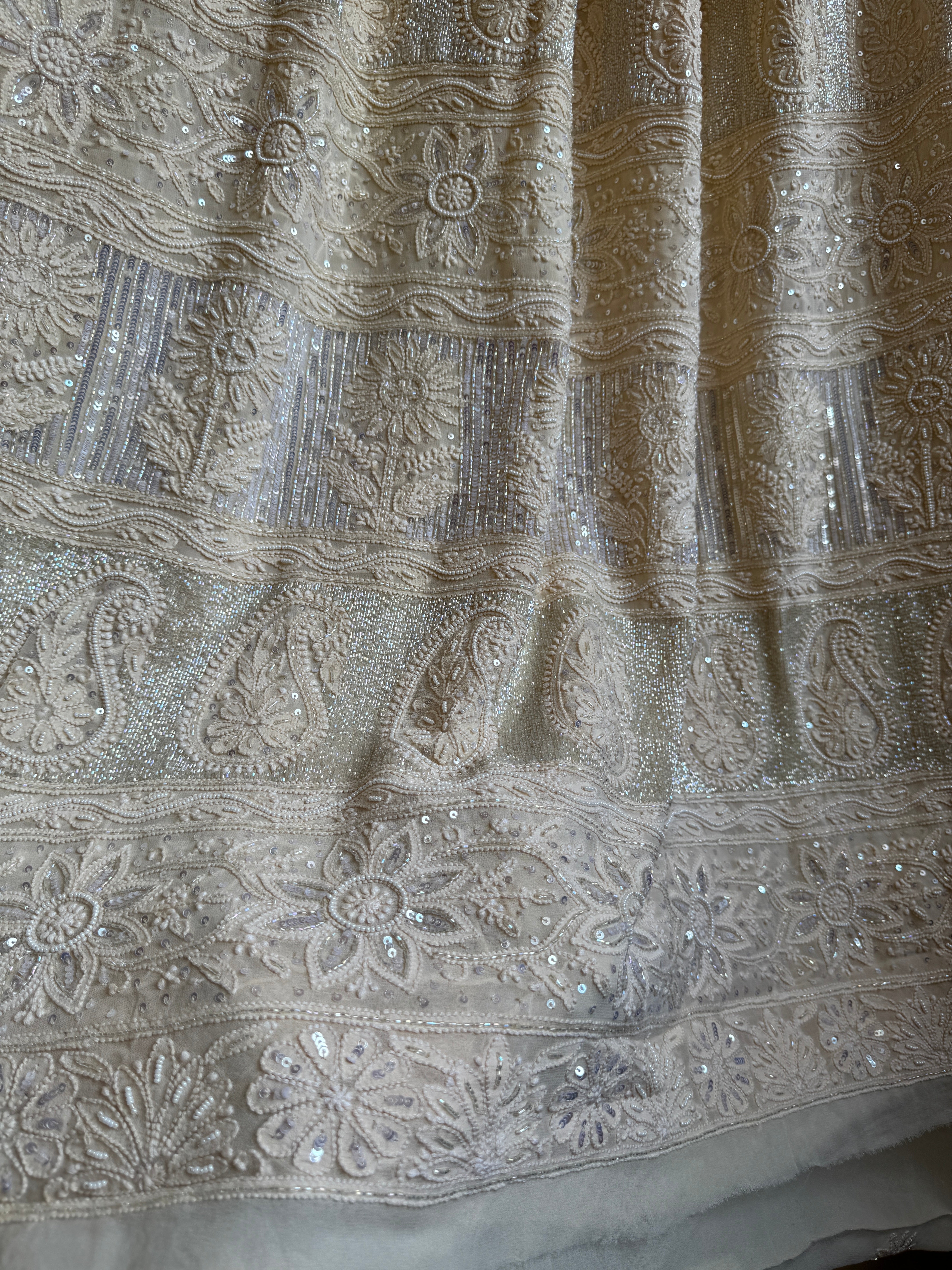 Viscose Cream Chikankari saree with Pearl embellishments