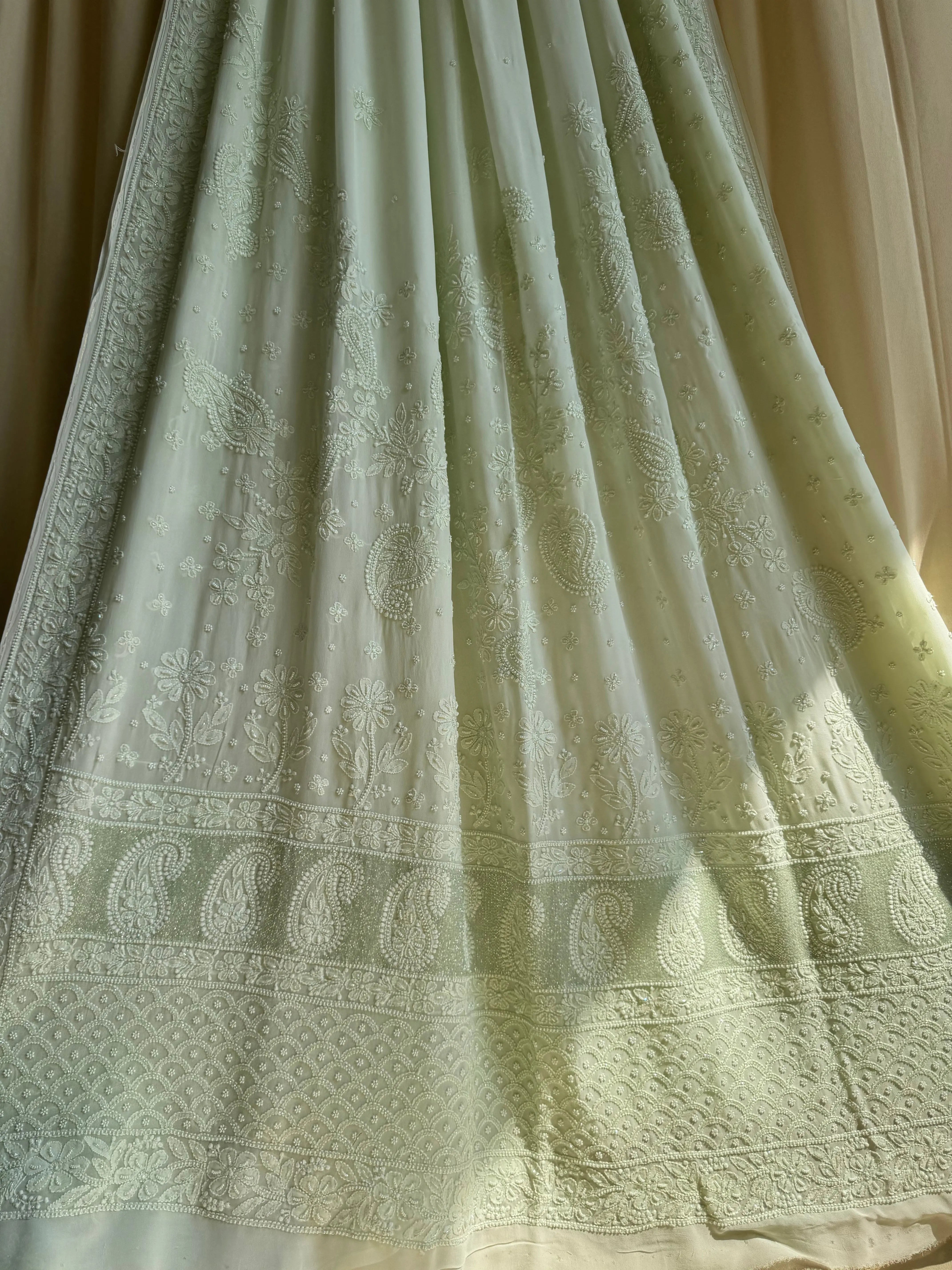 Green Chikankari saree with Pearl embellishments ARIAA CHIKANKARI 