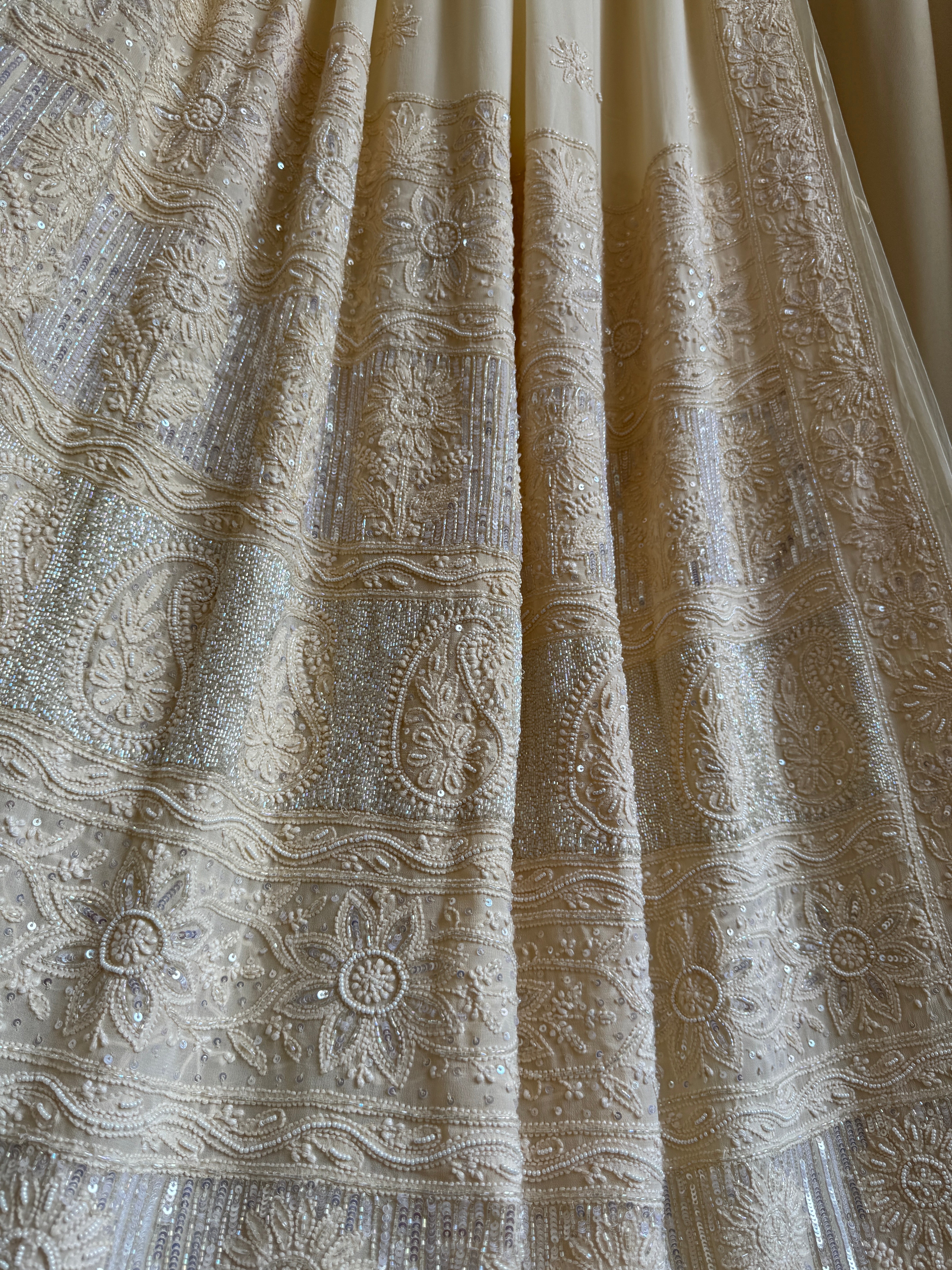 Viscose Cream Chikankari saree with Pearl embellishments