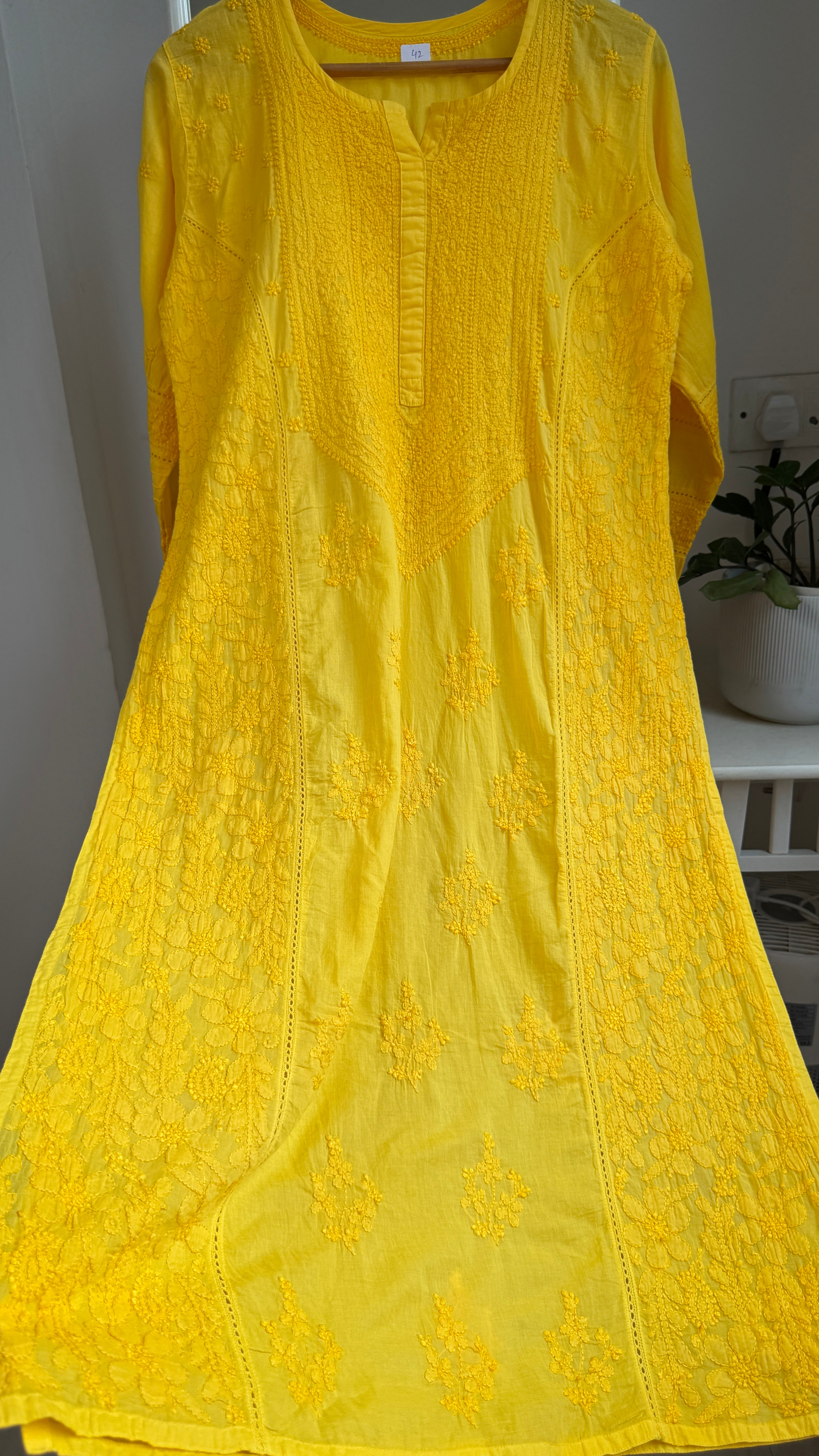 Mul Cotton Chikankari Kurti - Yellow - Fiza Collection