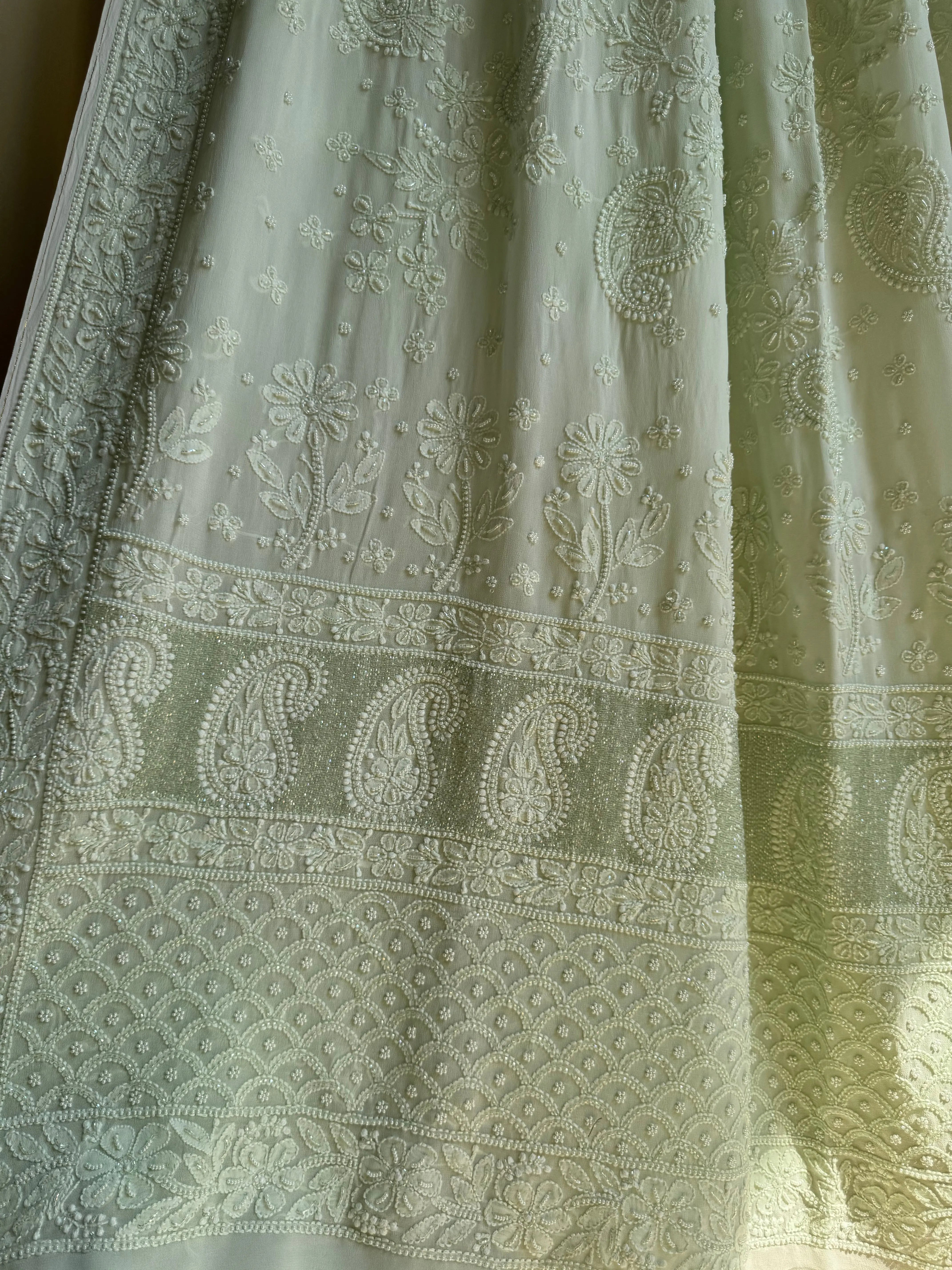 Green Chikankari saree with Pearl embellishments ARIAA CHIKANKARI 