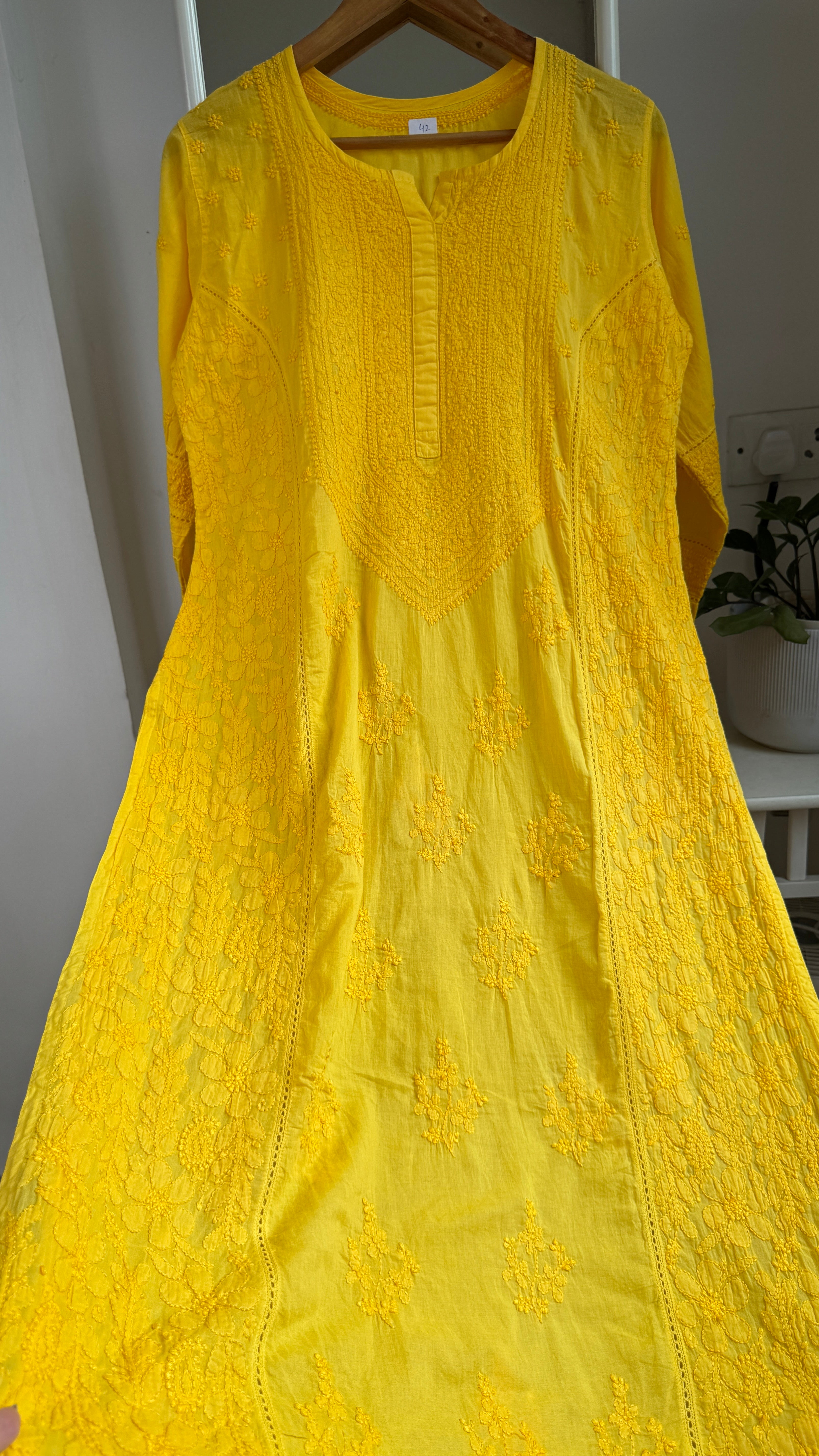 Mul Cotton Chikankari Kurti - Yellow - Fiza Collection