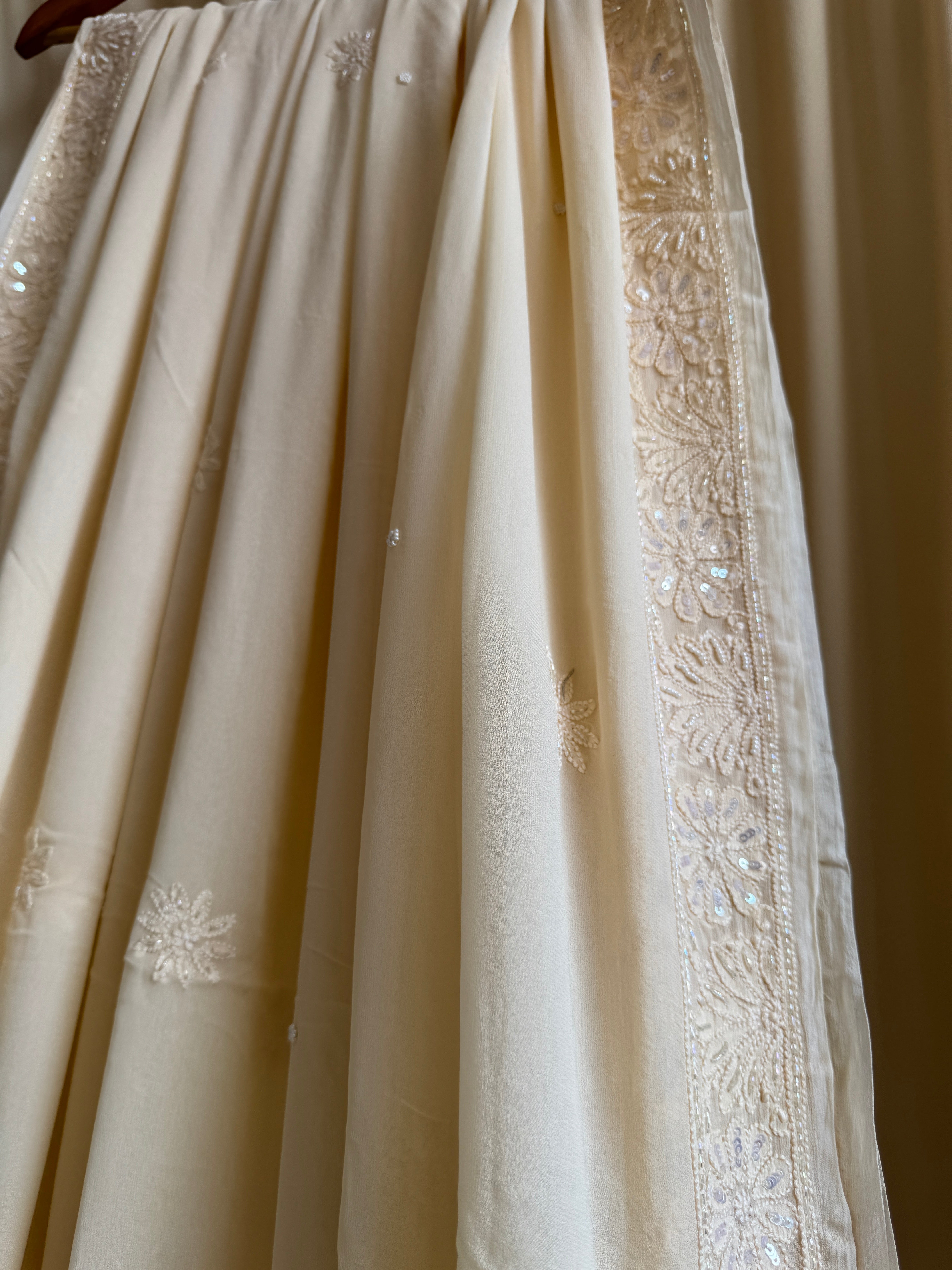 Viscose Cream Chikankari saree with Pearl embellishments
