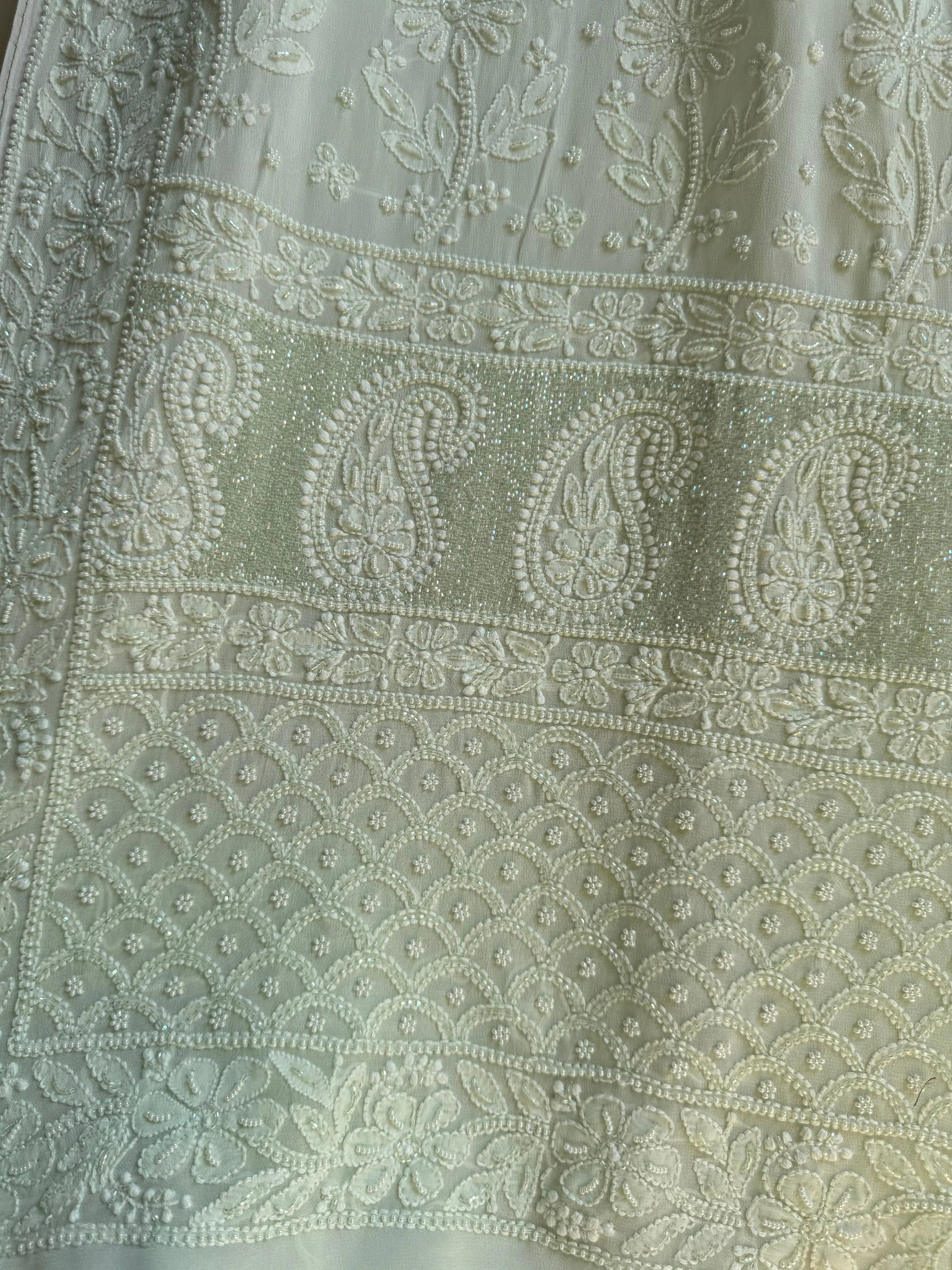 Green Chikankari saree with Pearl embellishments ARIAA CHIKANKARI 