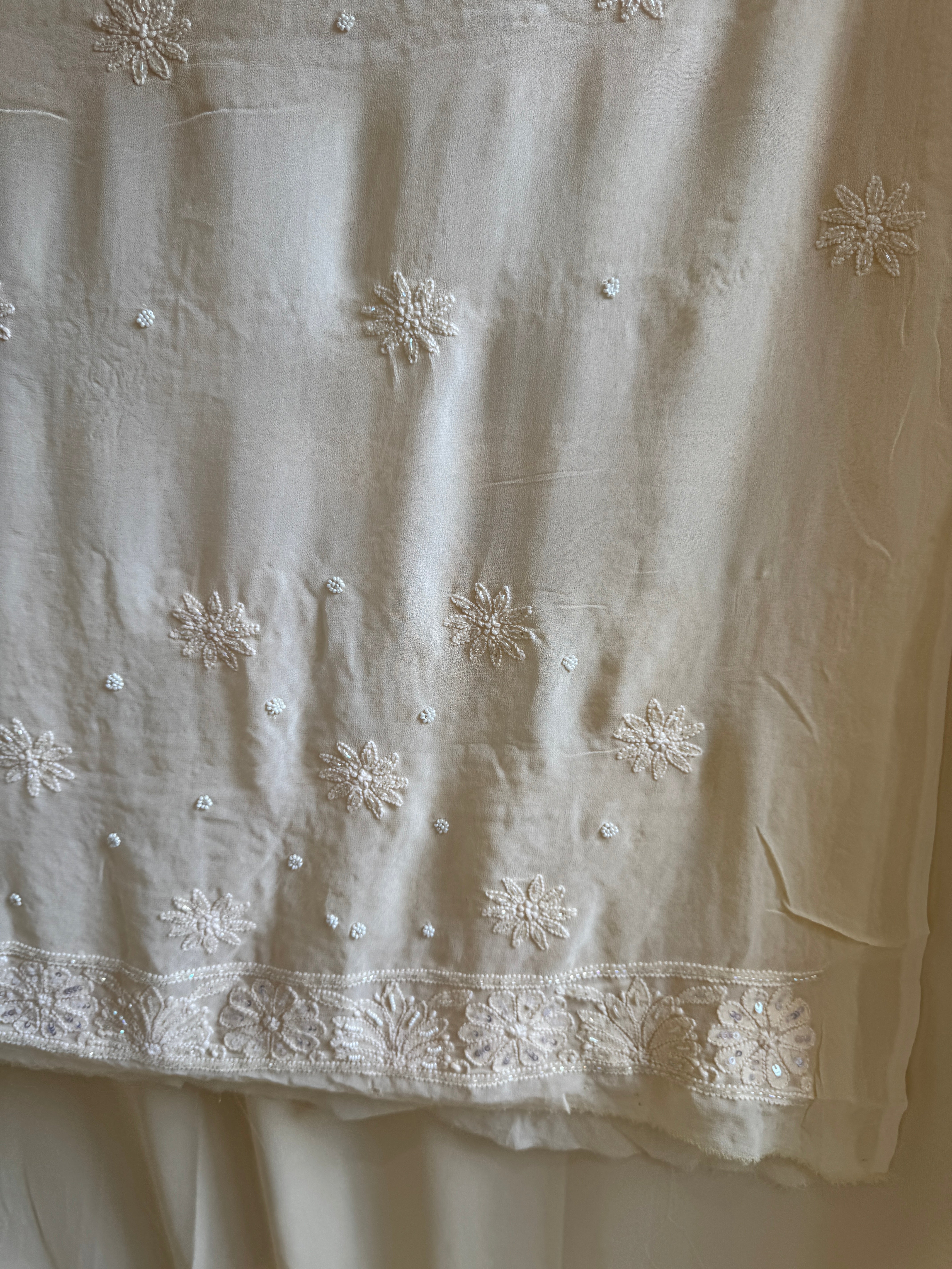 Viscose Cream Chikankari saree with Pearl embellishments