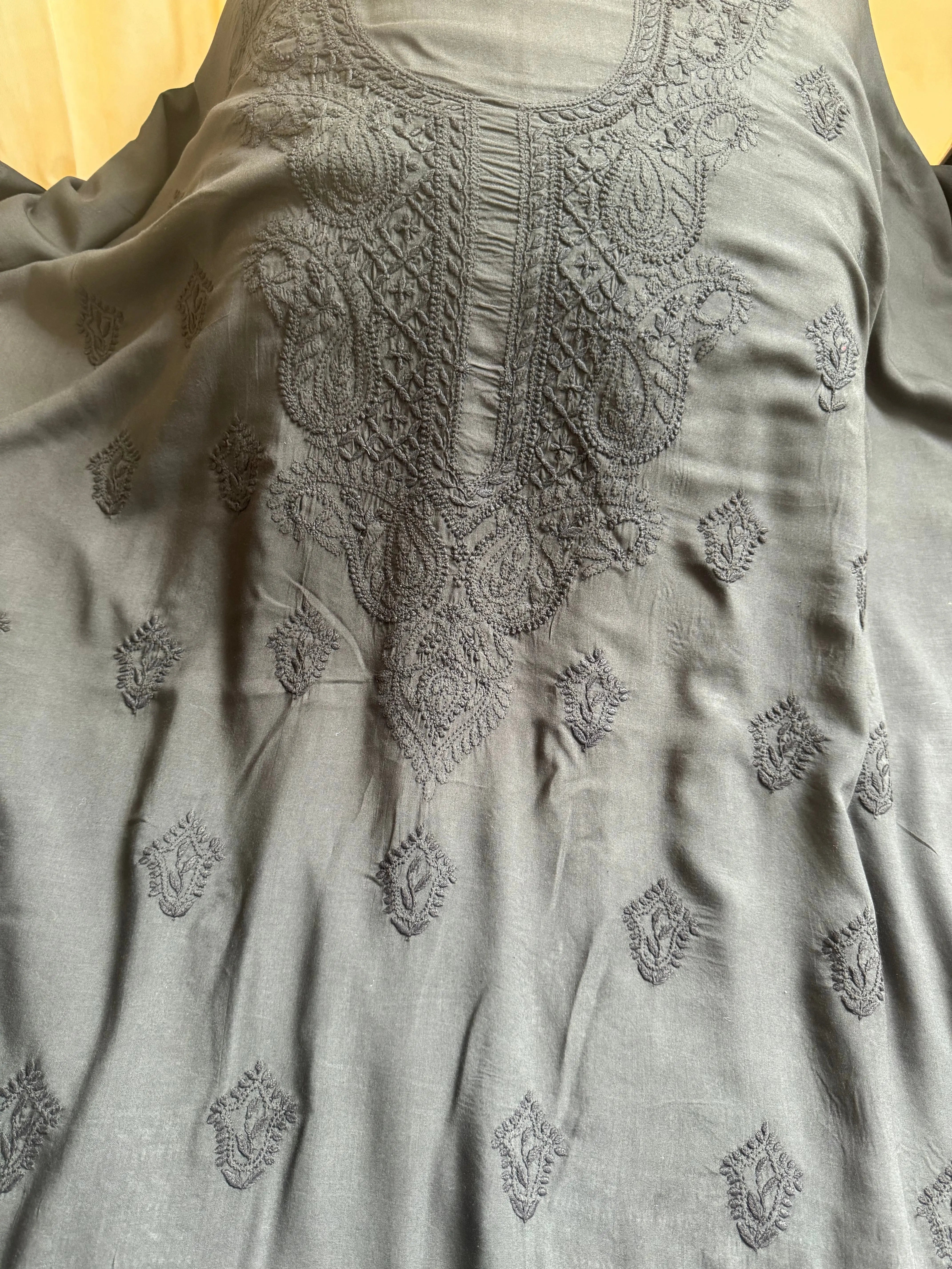 Modal Unstitched Kurti Fabric - Black ARIAA CHIKANKARI 