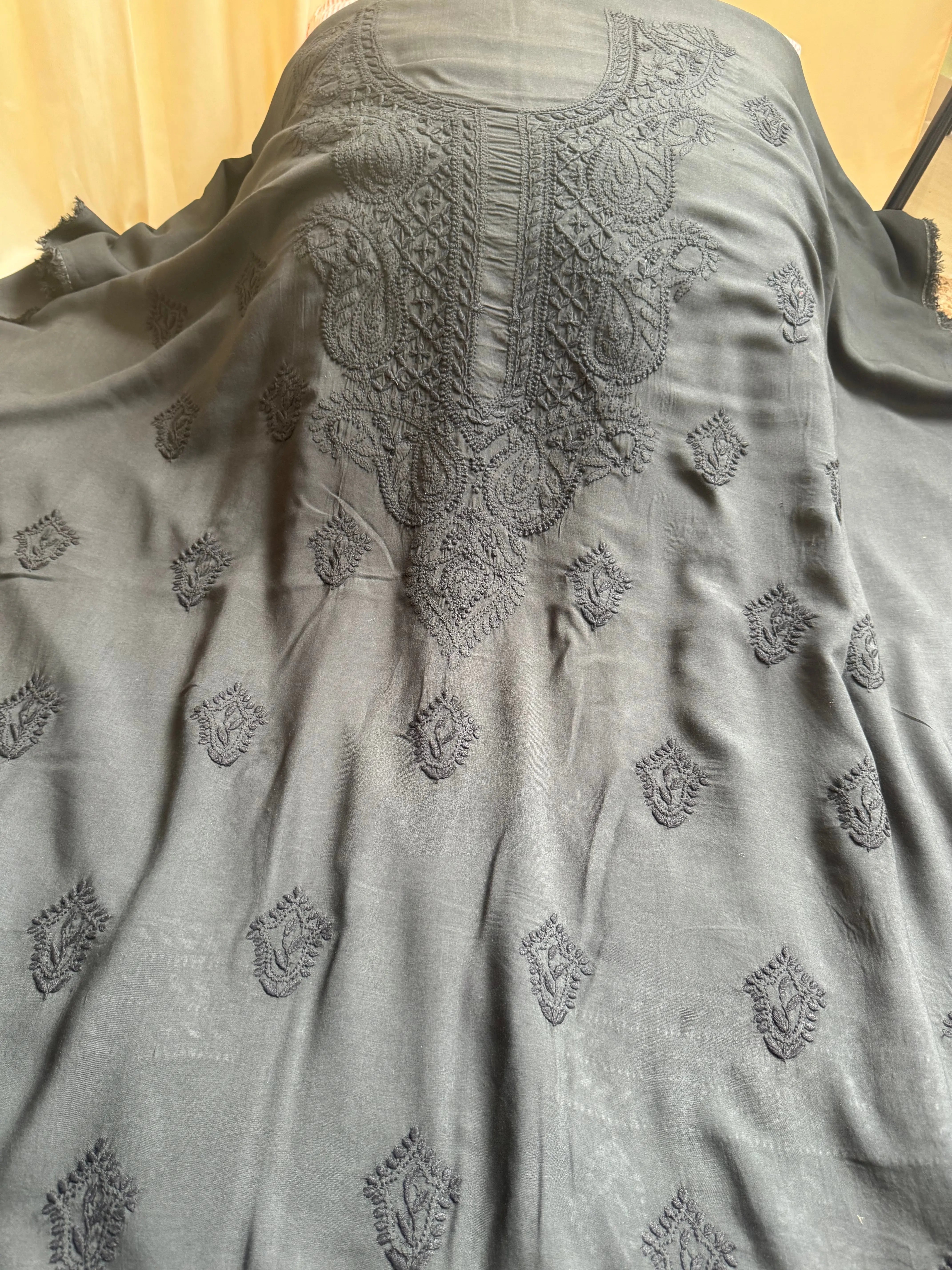 Modal Unstitched Kurti Fabric - Black ARIAA CHIKANKARI 