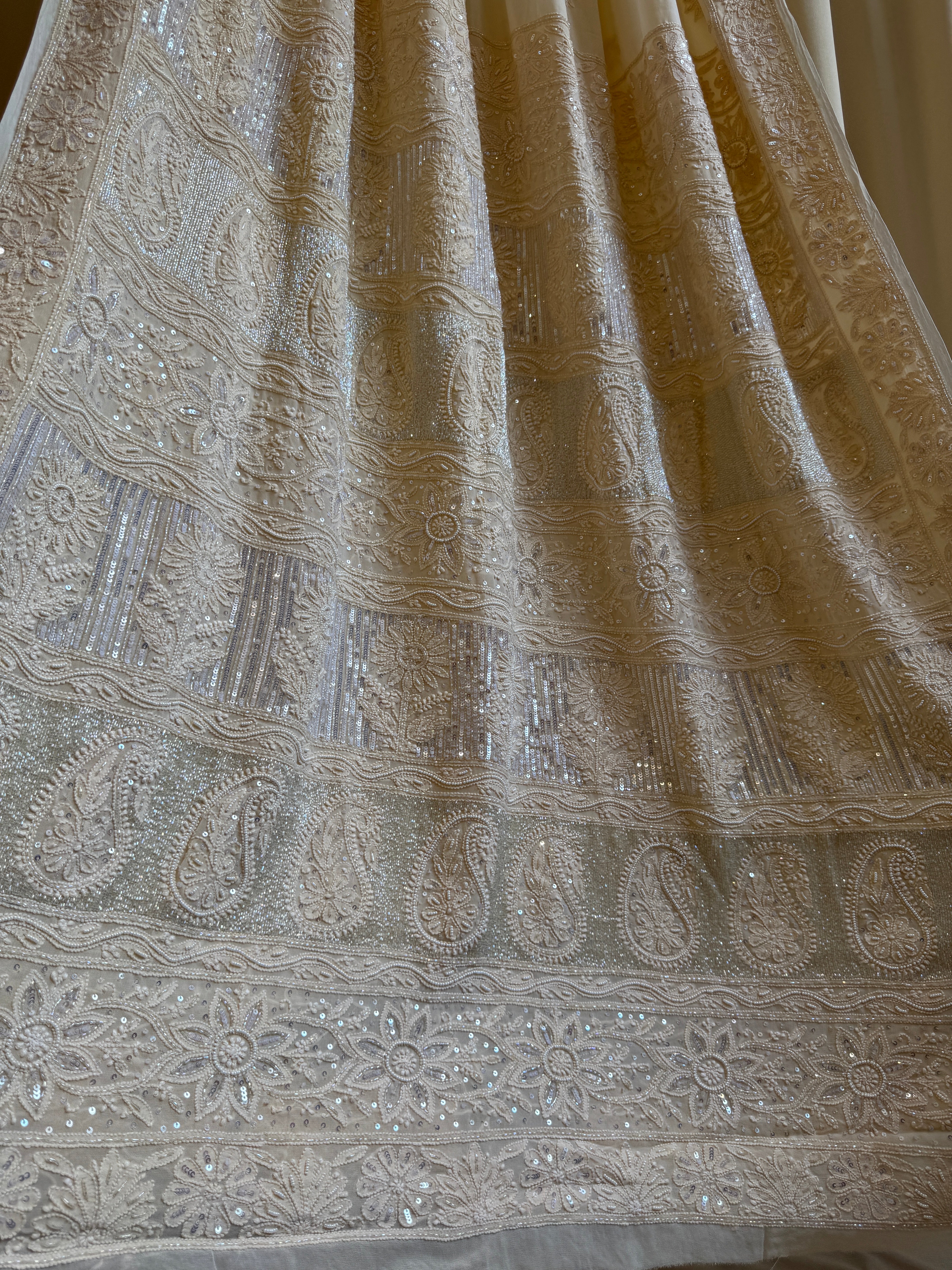 Viscose Cream Chikankari saree with Pearl embellishments
