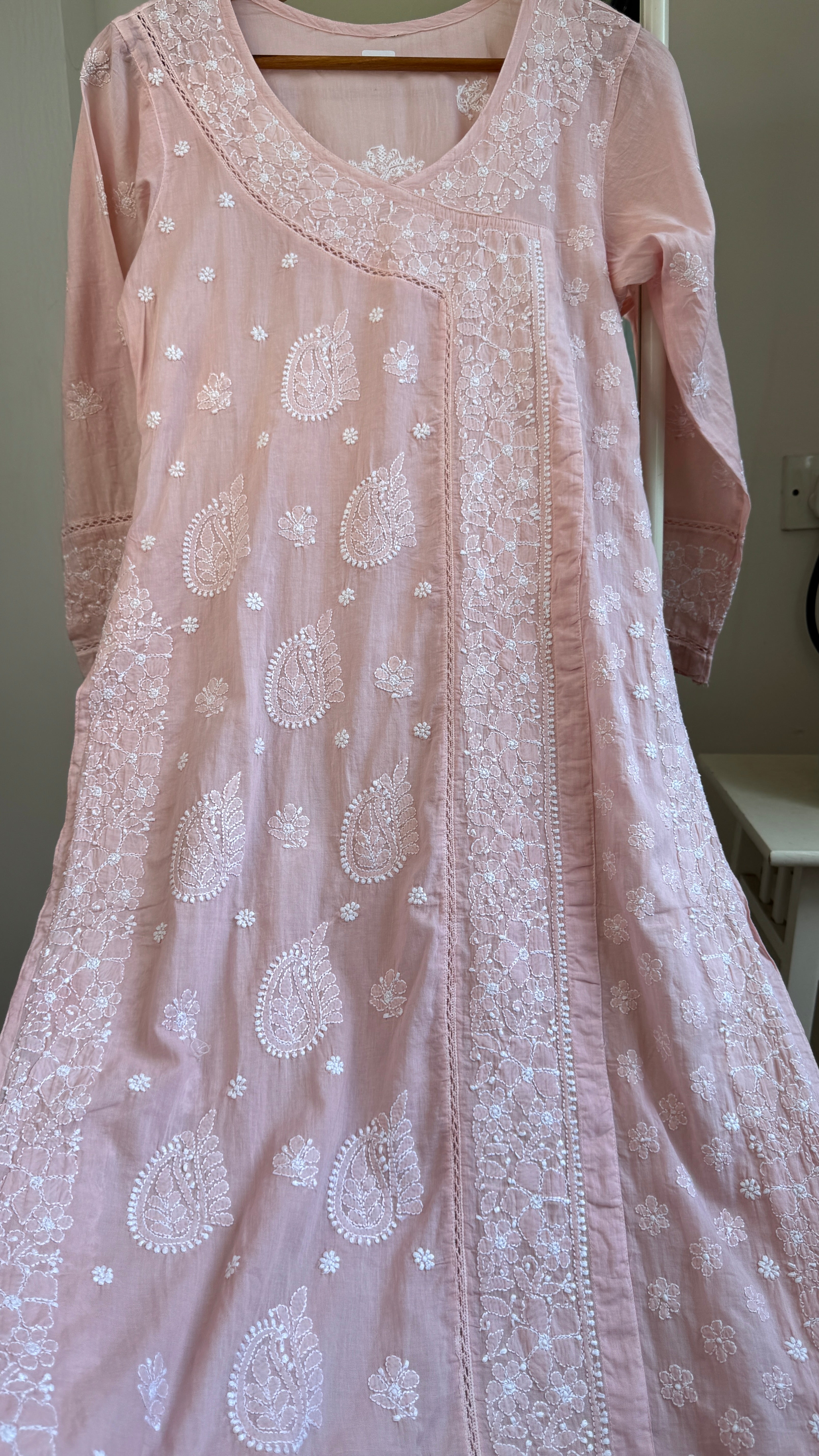 Mul Cotton Pale Pink Chikankari Kurti - Saaz Collection