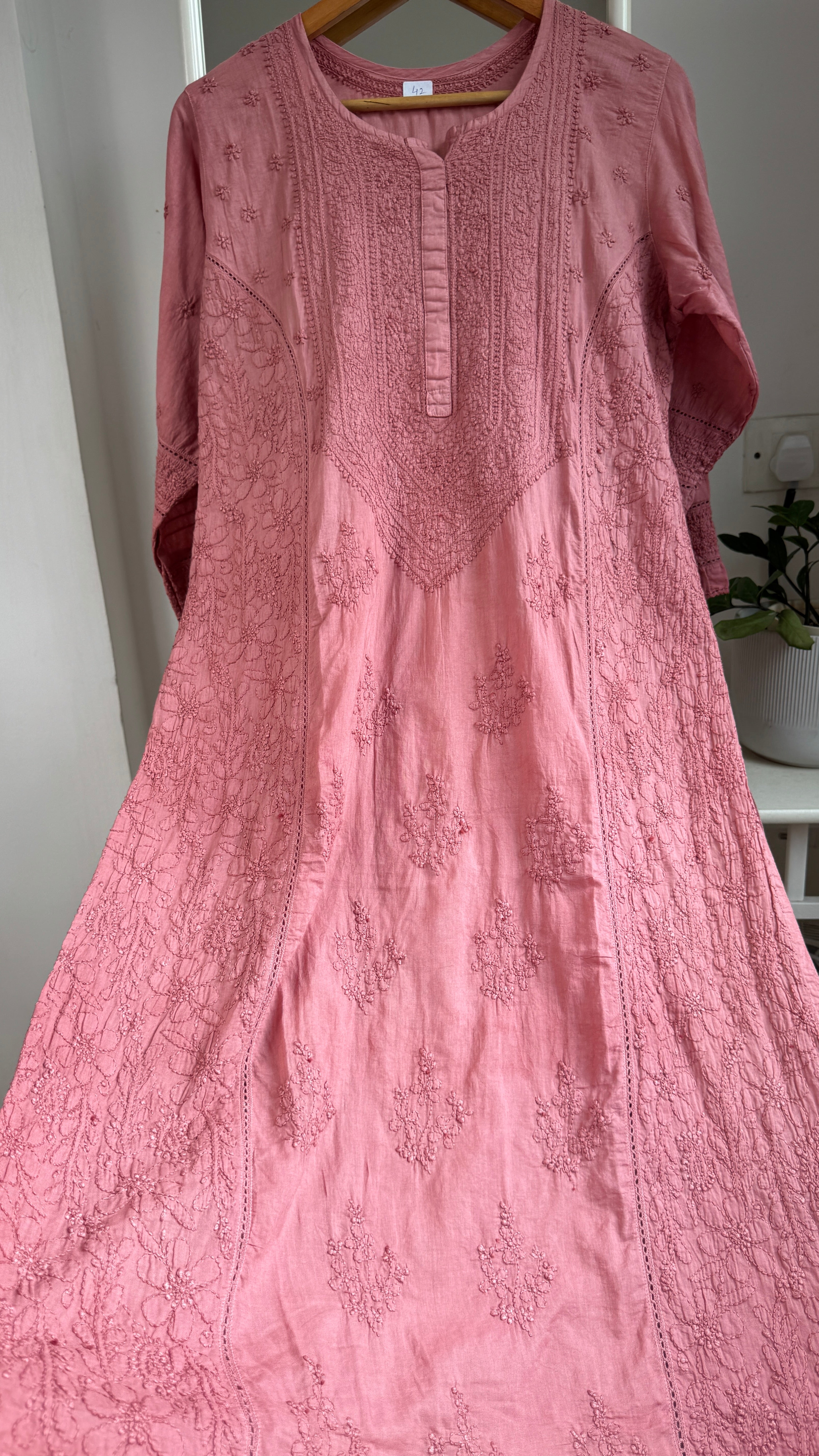 Mul Cotton Chikankari Kurti - Rosewood - Fiza Collection