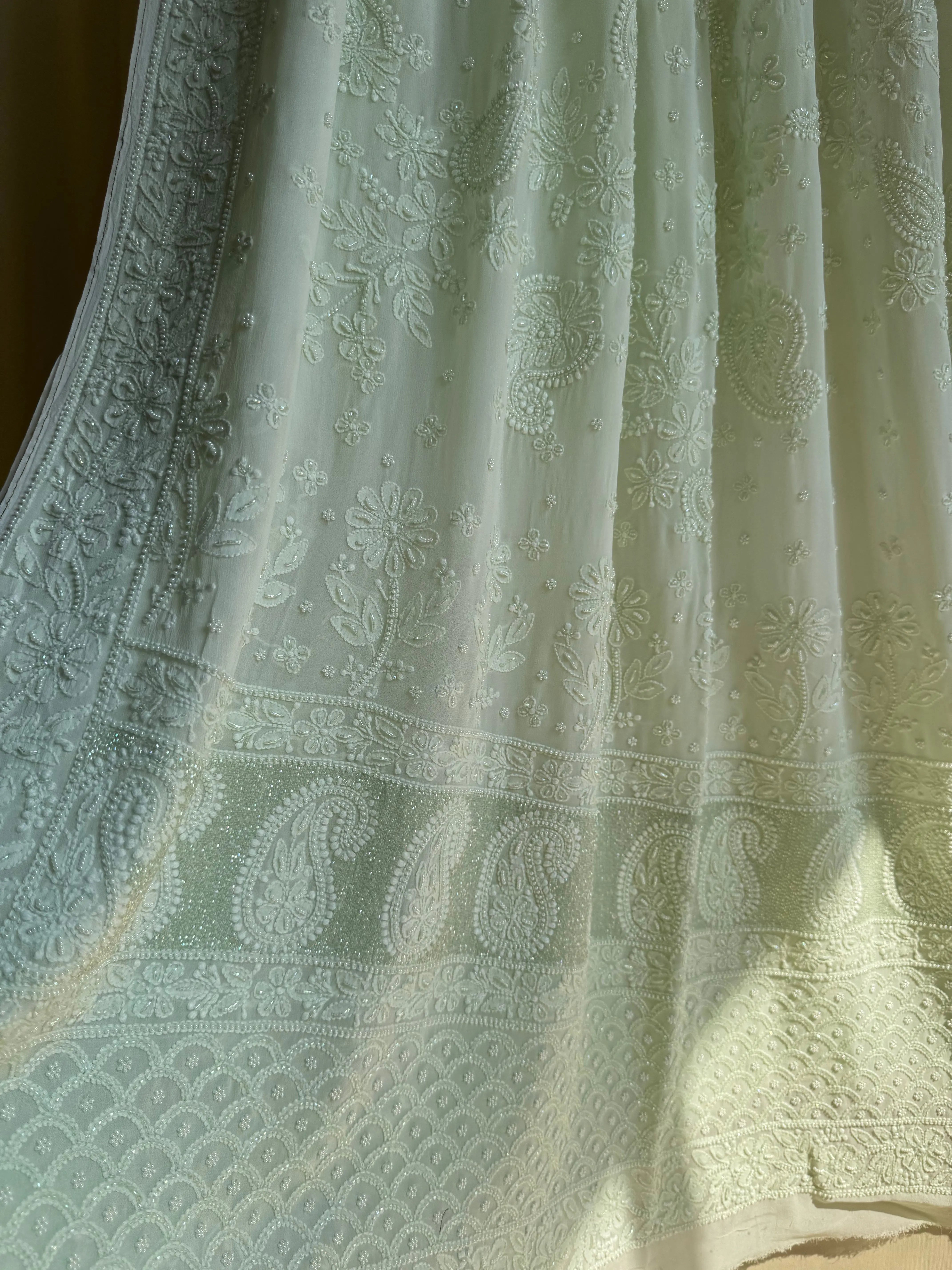 Green Chikankari saree with Pearl embellishments ARIAA CHIKANKARI 