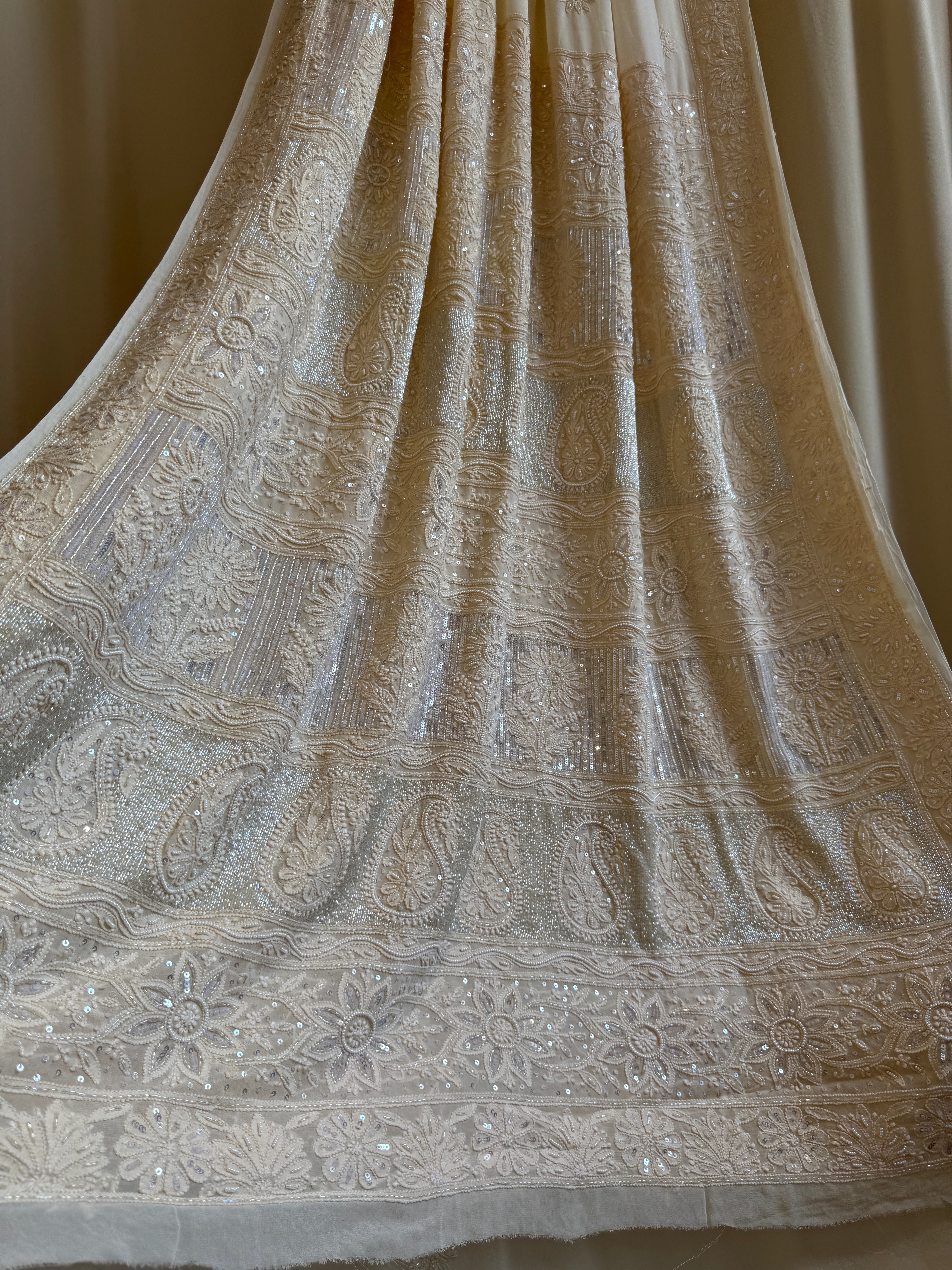 Viscose Cream Chikankari saree with Pearl embellishments