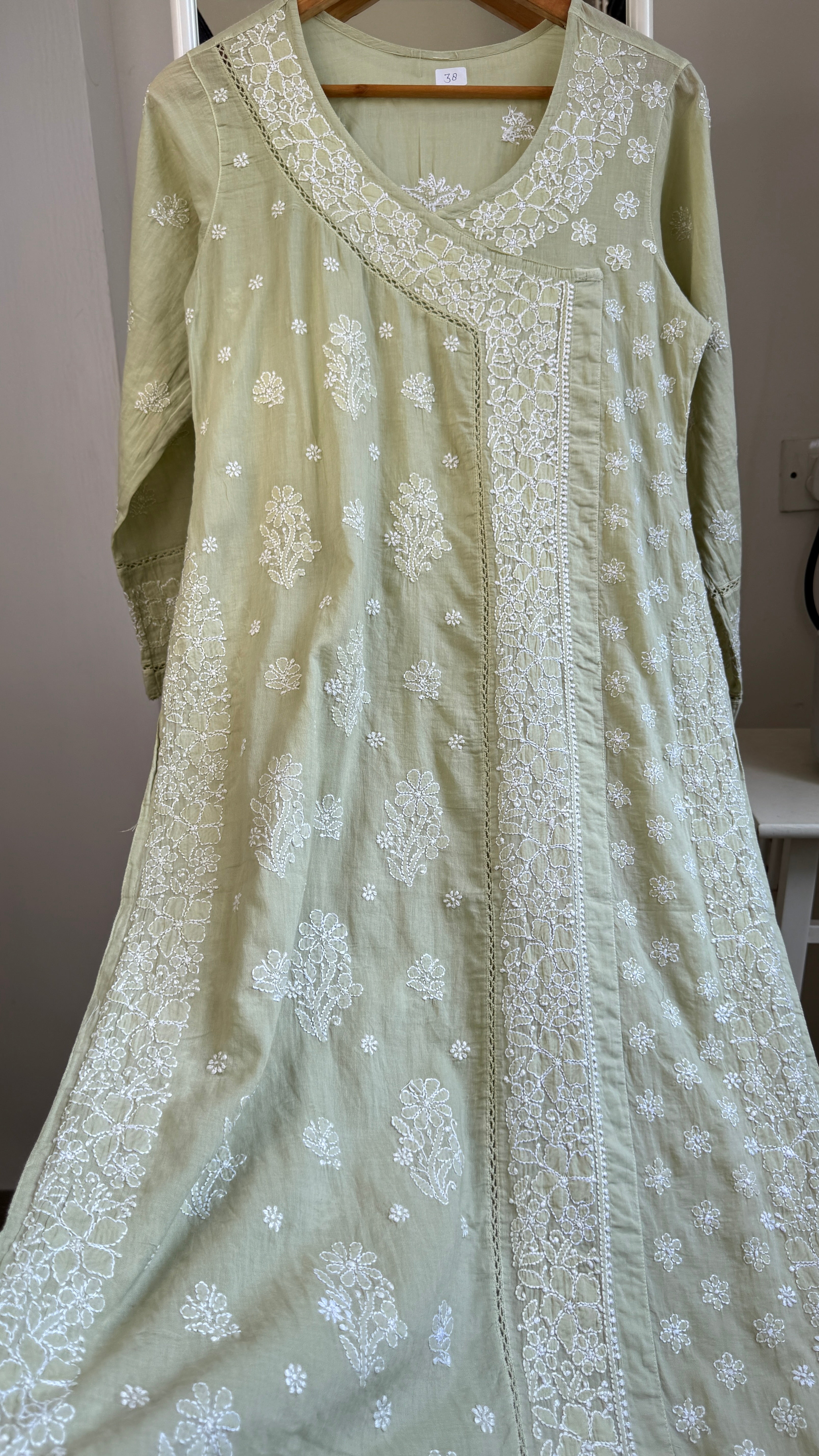 Mul Cotton Sheen Green Chikankari Kurti - Saaz Collection