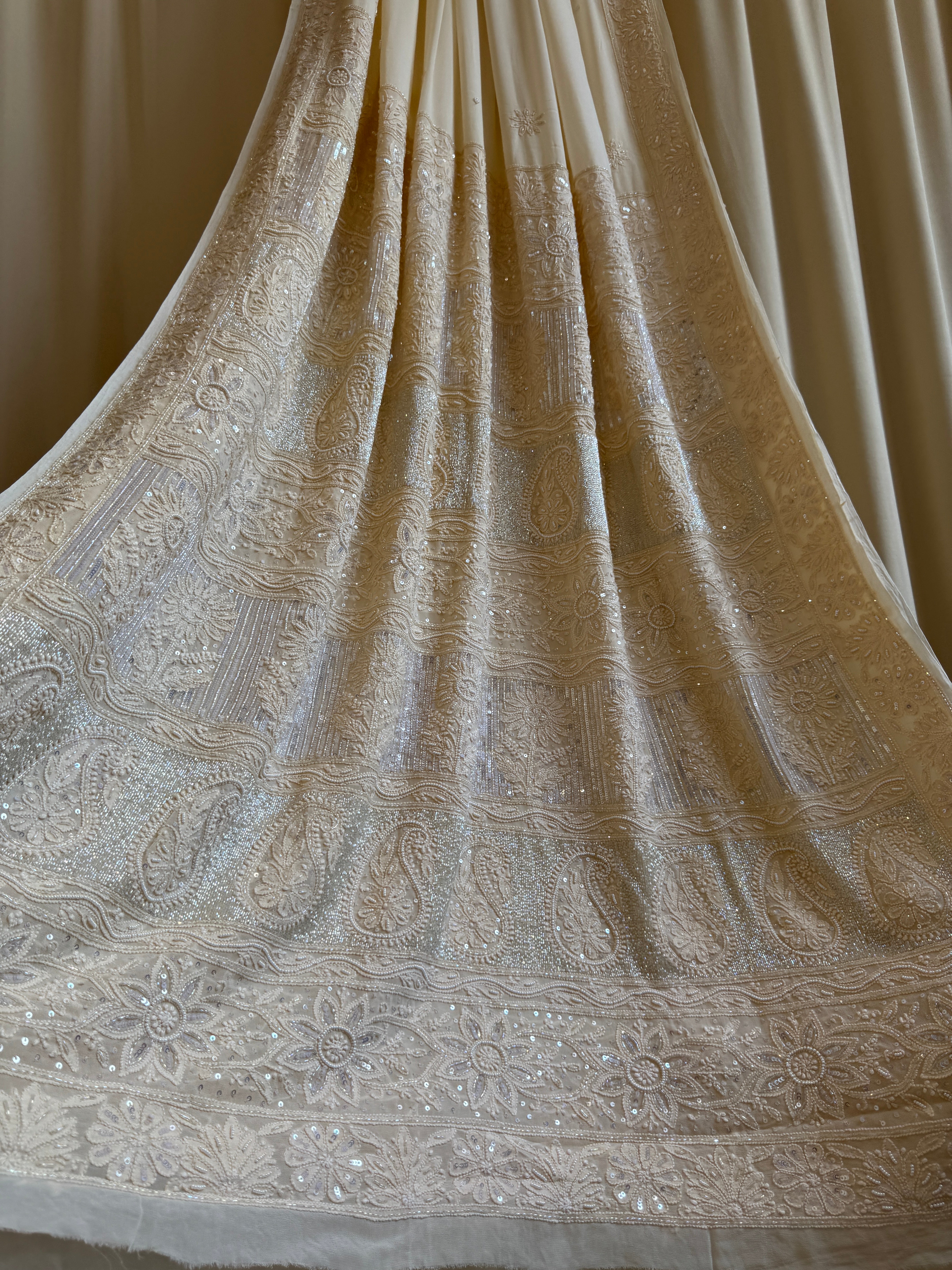 Viscose Cream Chikankari saree with Pearl embellishments