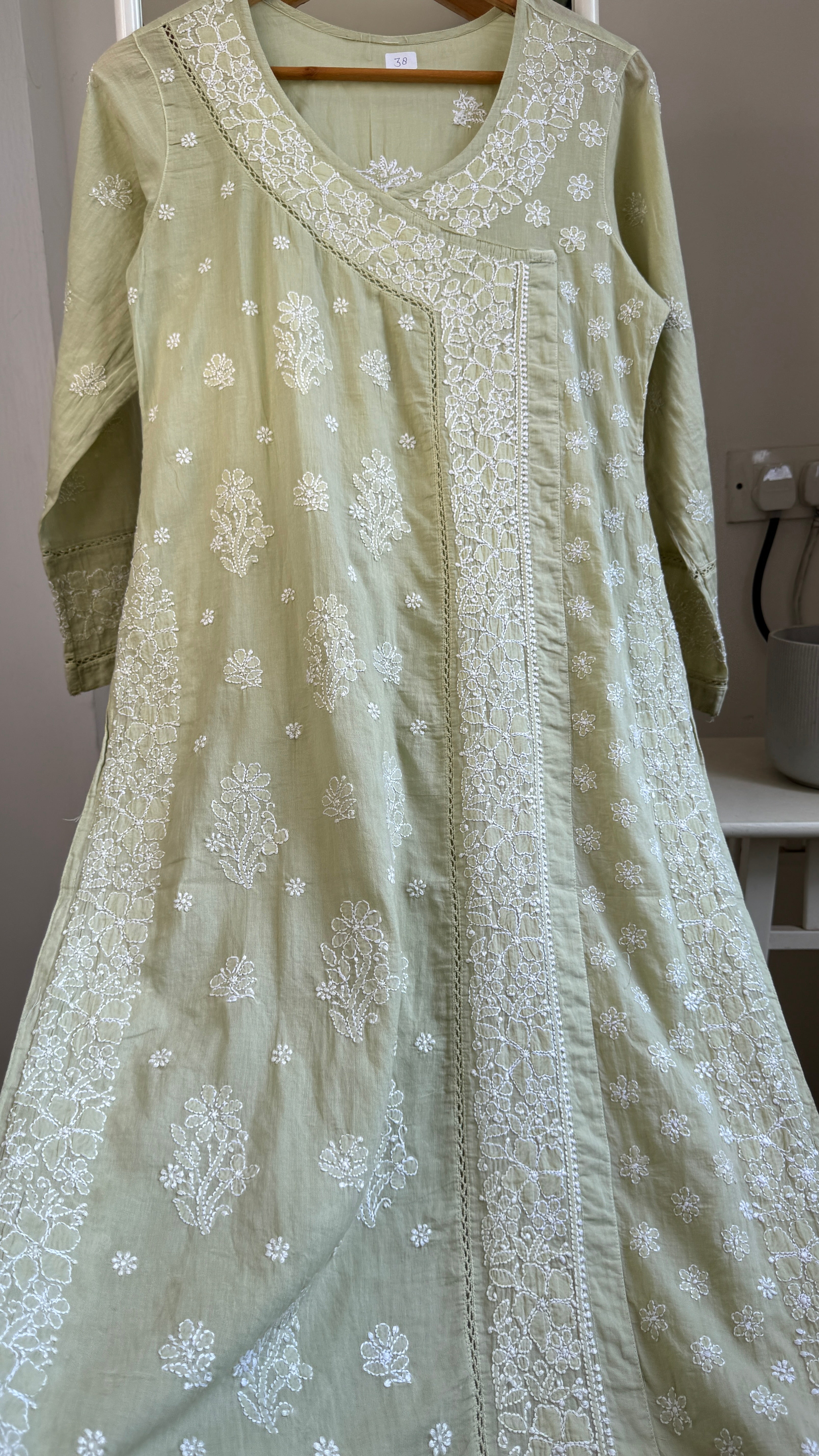 Mul Cotton Sheen Green Chikankari Kurti - Saaz Collection