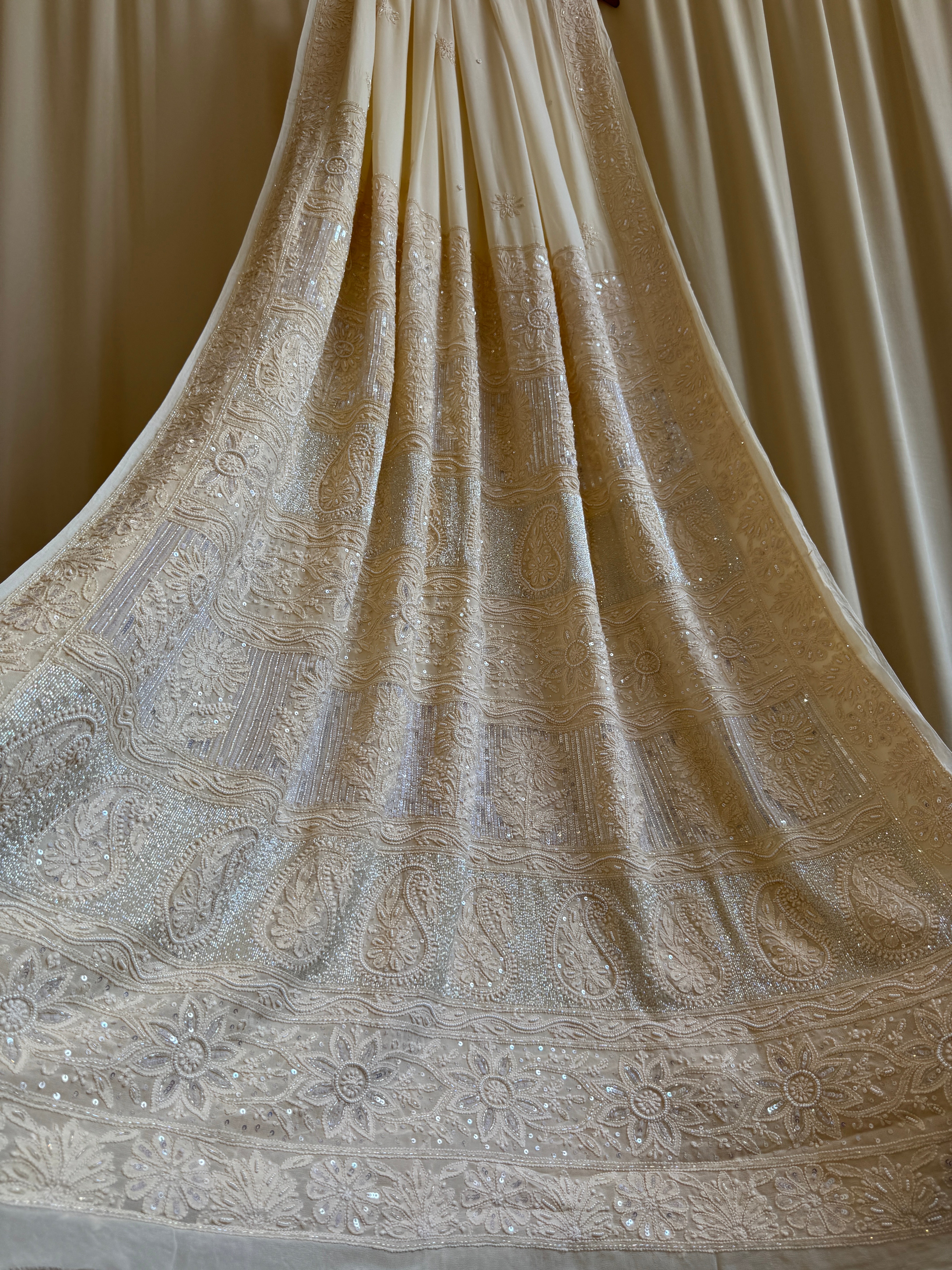 Viscose Cream Chikankari saree with Pearl embellishments