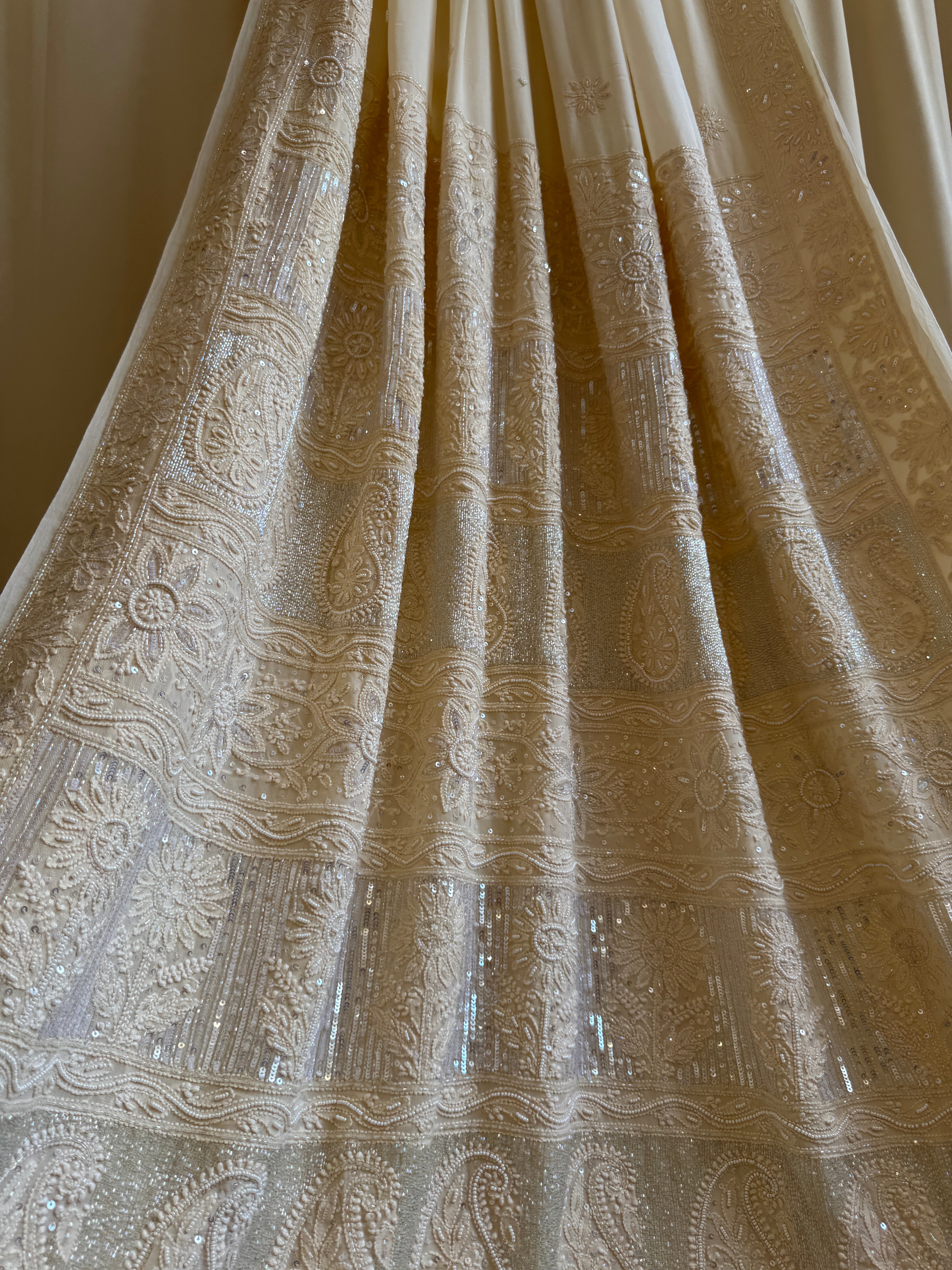 Viscose Cream Chikankari saree with Pearl embellishments