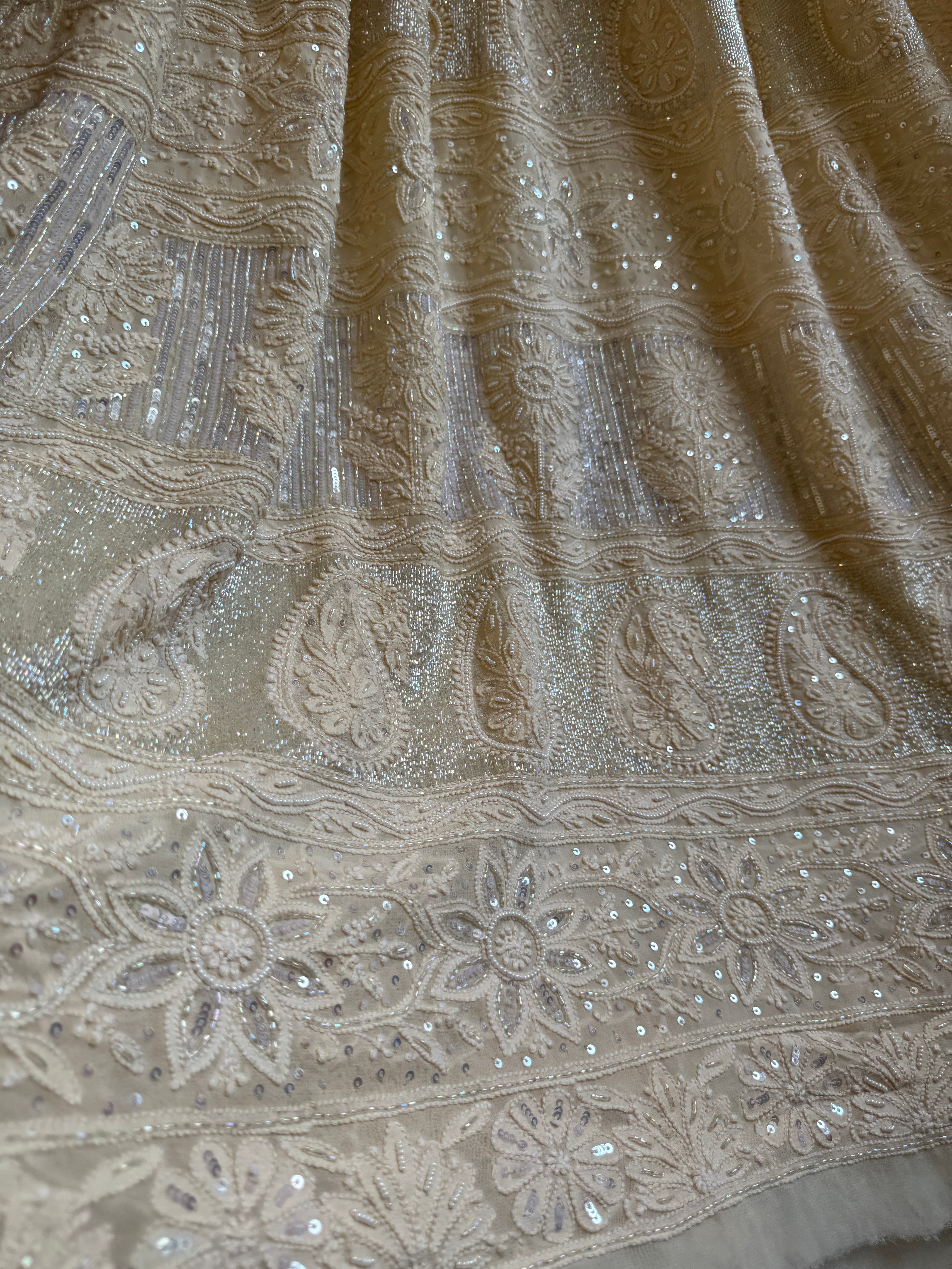 Viscose Cream Chikankari saree with Pearl embellishments