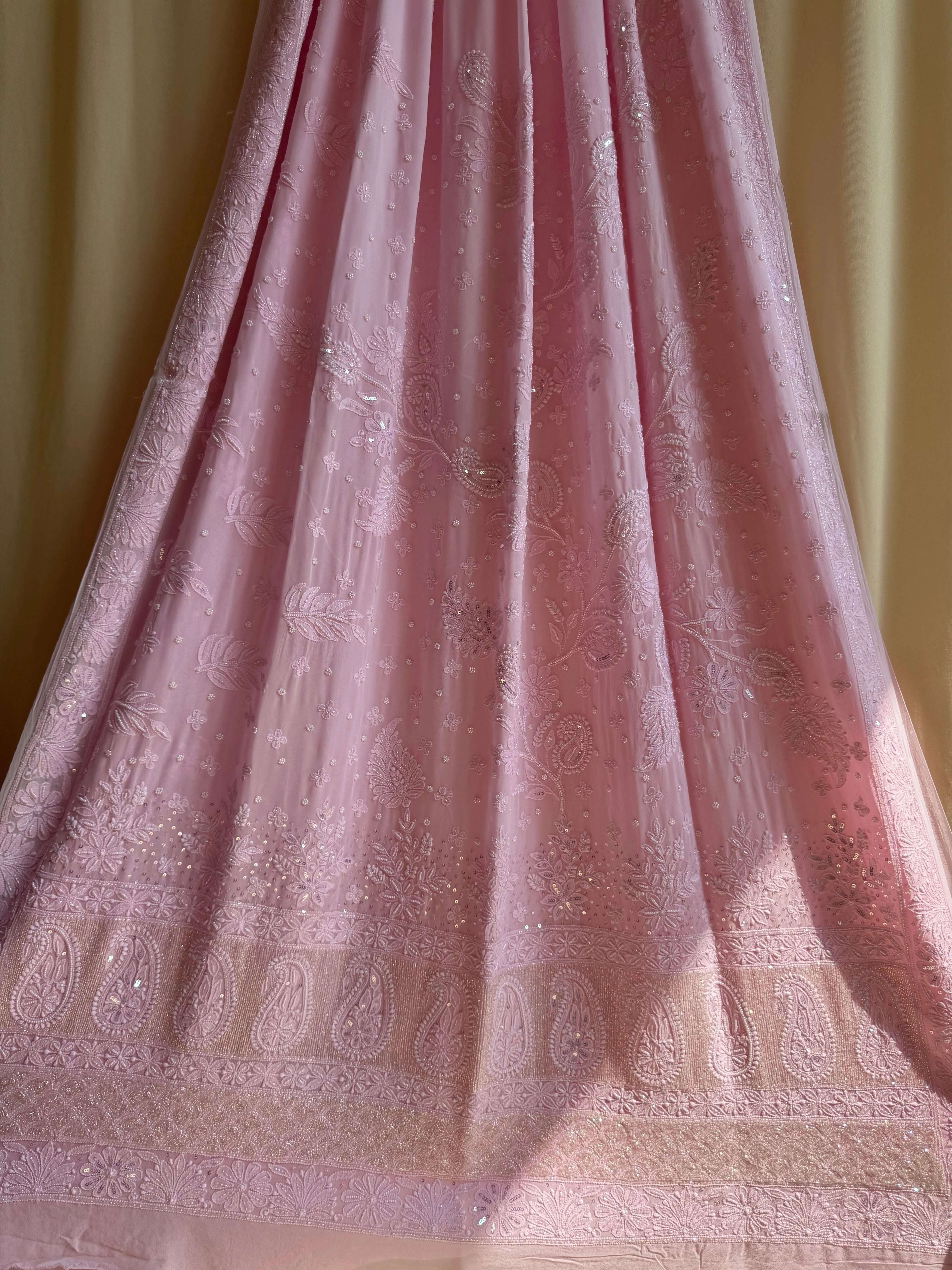 Viscose Pink Chikankari saree with Pearl embellishments ARIAA CHIKANKARI 