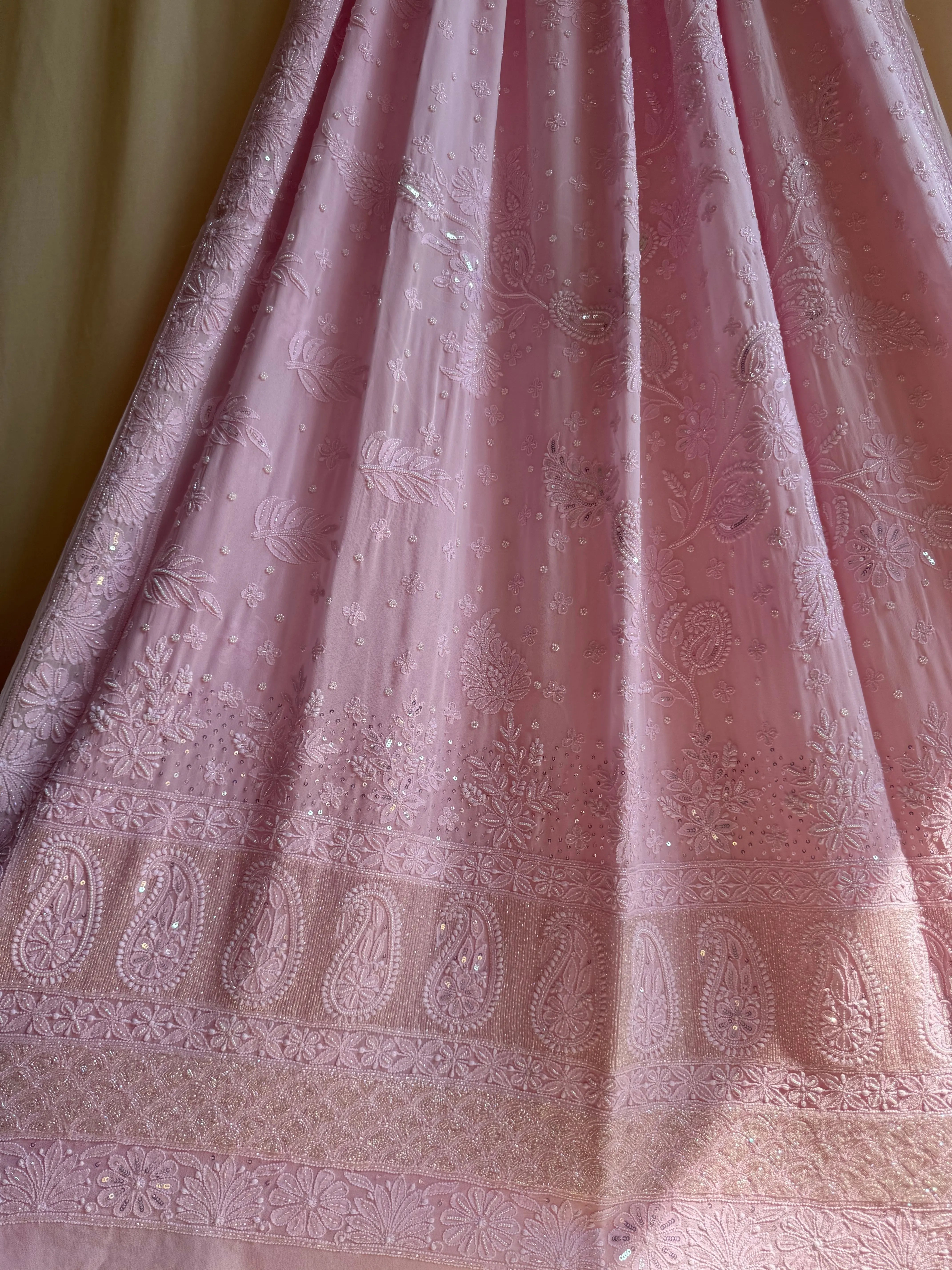 Viscose Pink Chikankari saree with Pearl embellishments ARIAA CHIKANKARI 