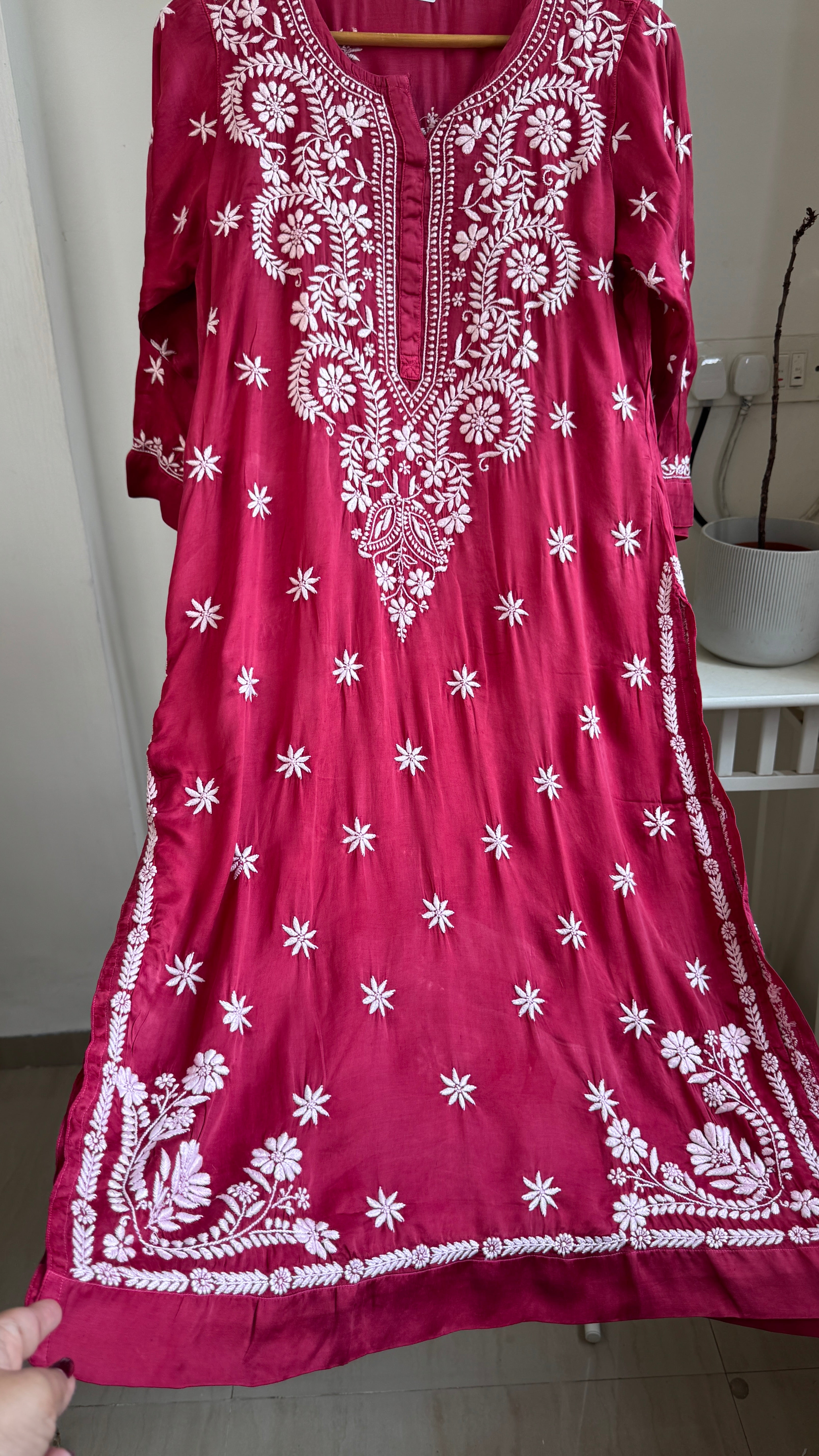 Modal Satin Silk Chikankari Pant Set - Berry Pink
