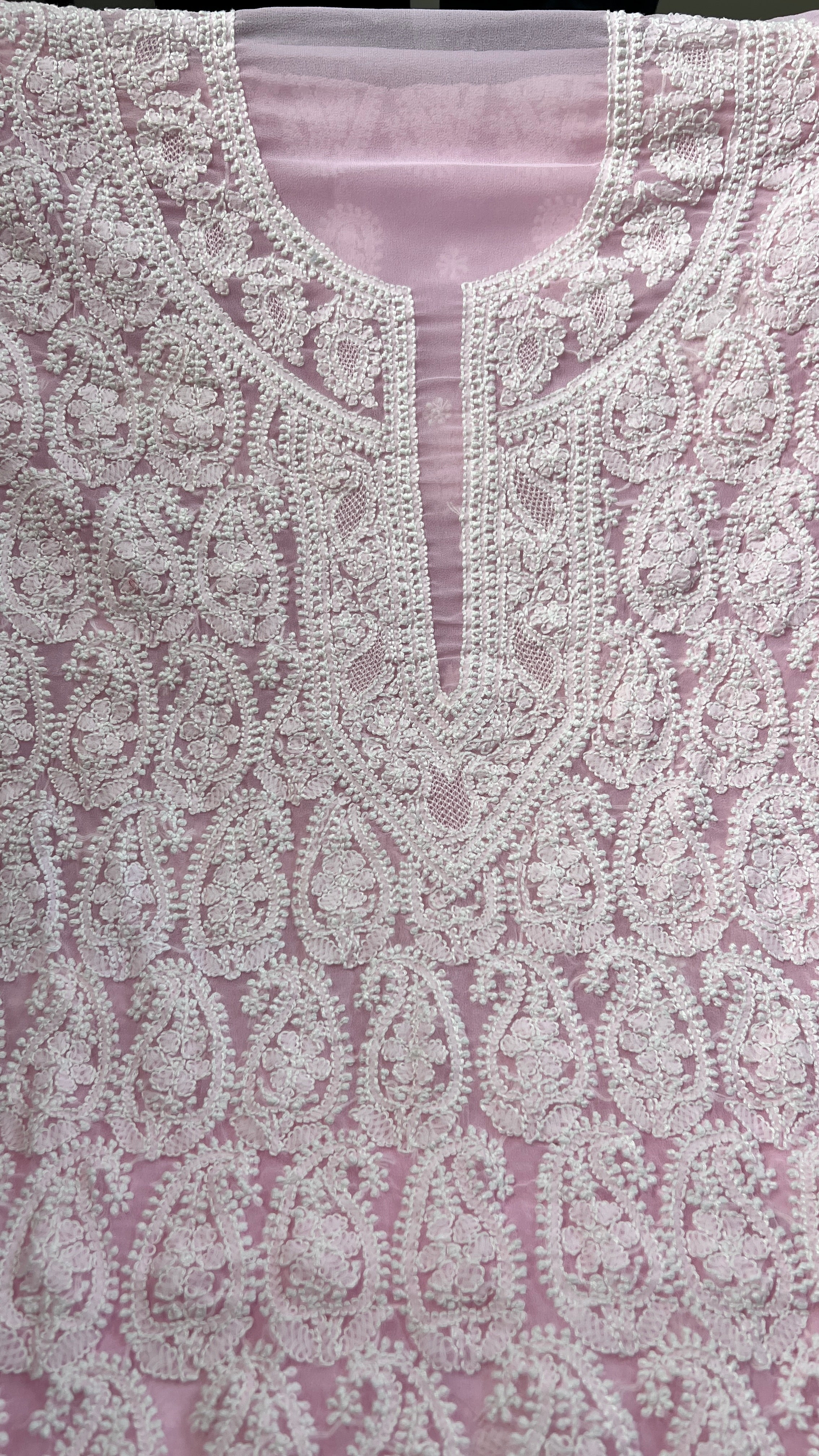 Handcrafted Lucknowi Semi Georgette Unstitched 3-Piece Chikankari Suit Set - Full Jaal - ARIAA CHIKANKARI