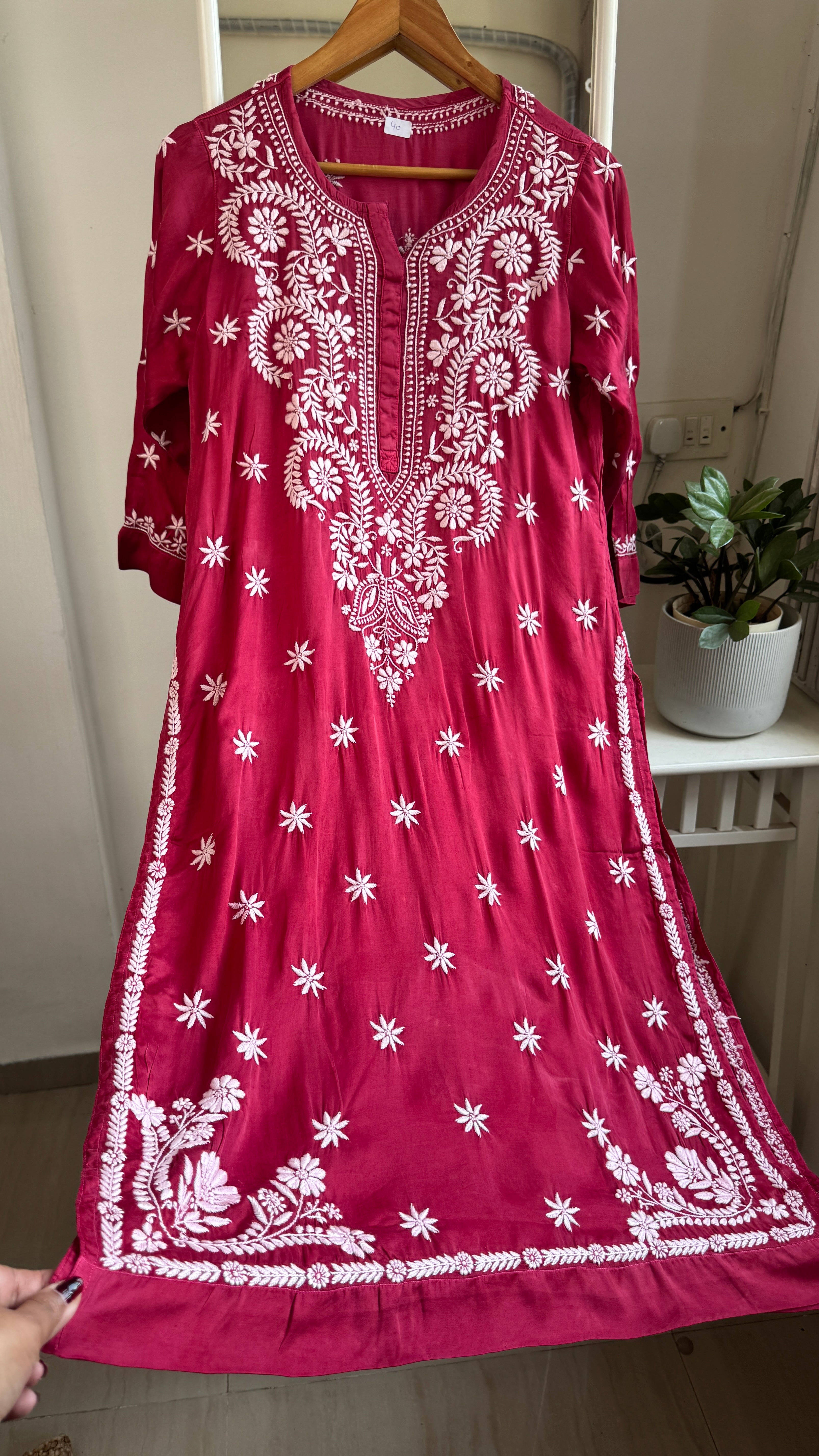 Modal Satin Silk Chikankari Pant Set - Berry Pink