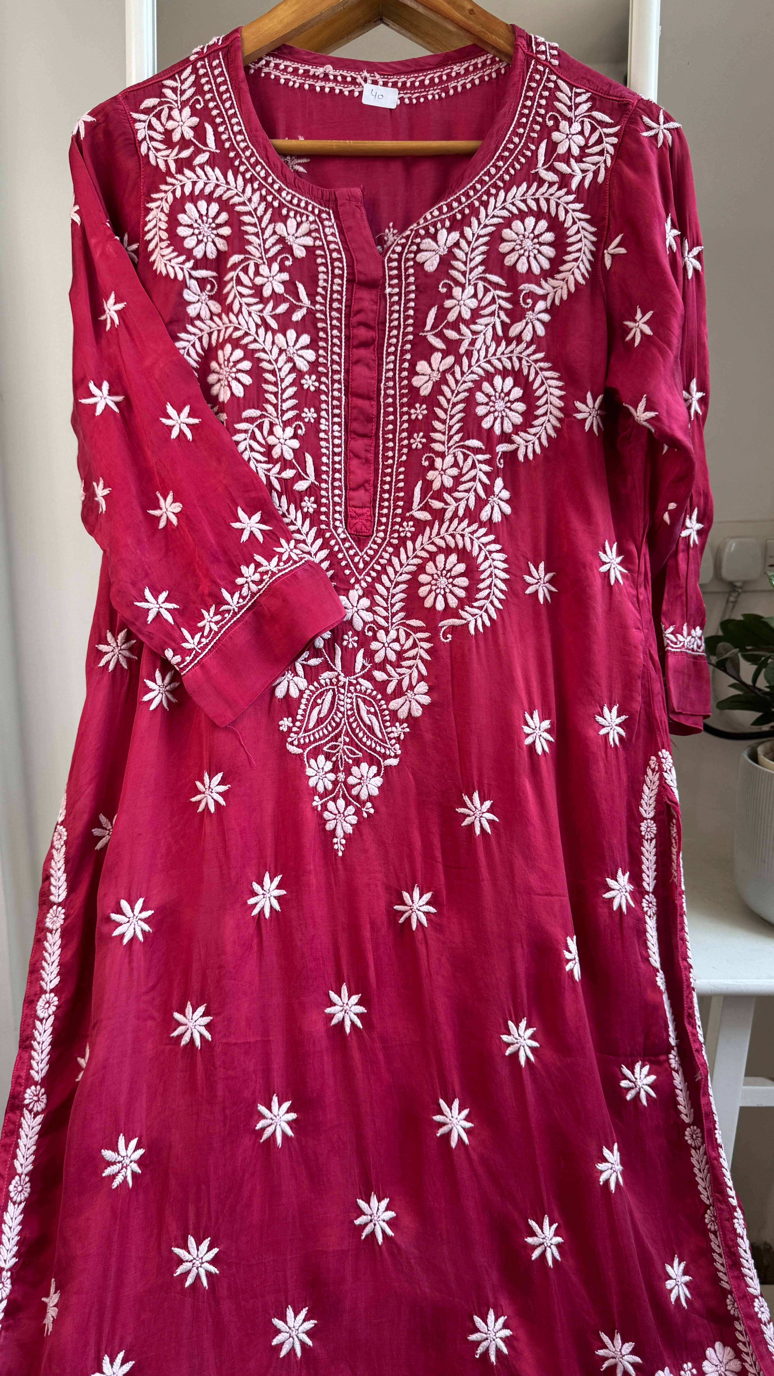 Modal Satin Silk Chikankari Pant Set - Berry Pink