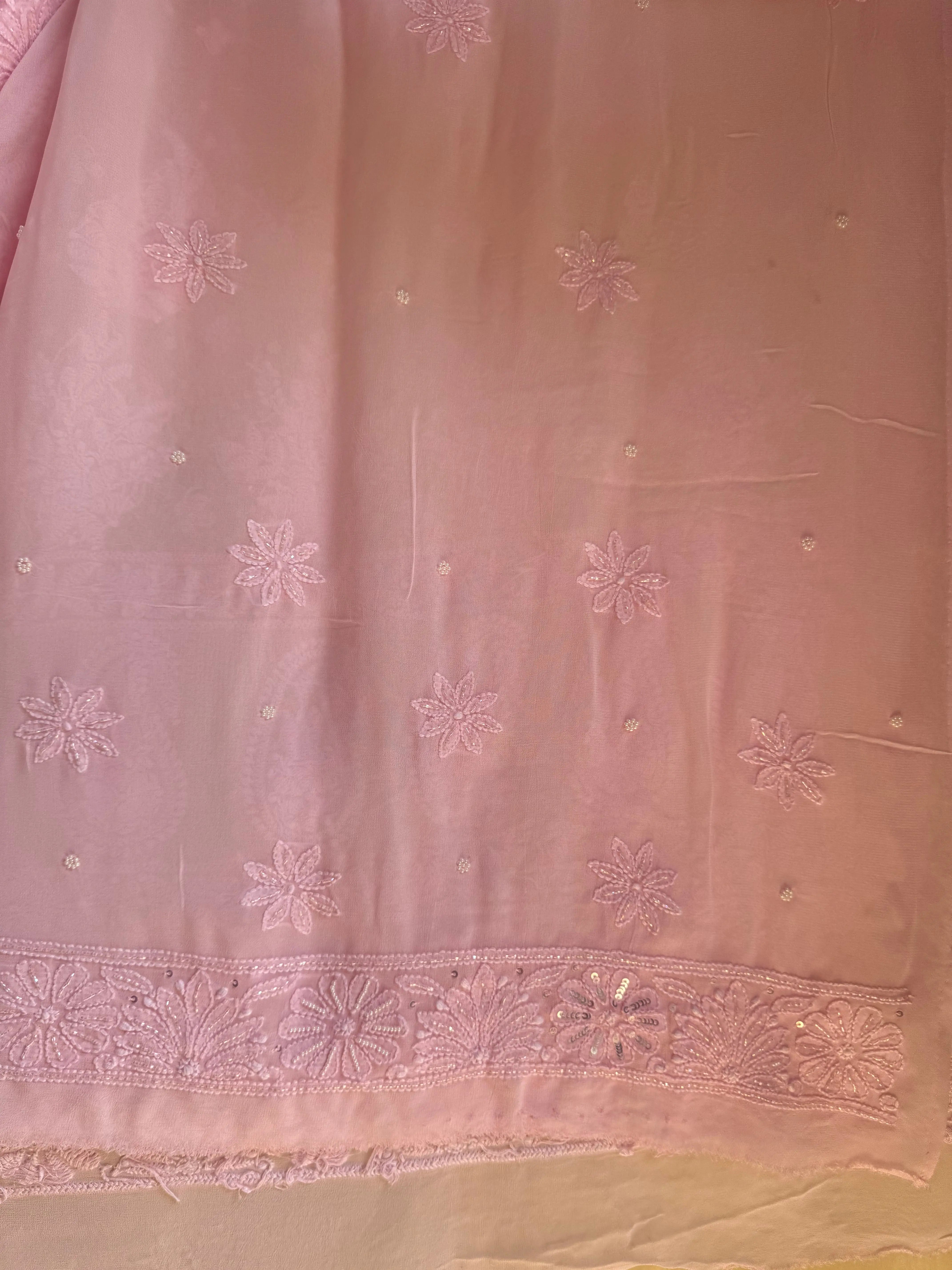 Viscose Pink Chikankari saree with Pearl embellishments ARIAA CHIKANKARI 