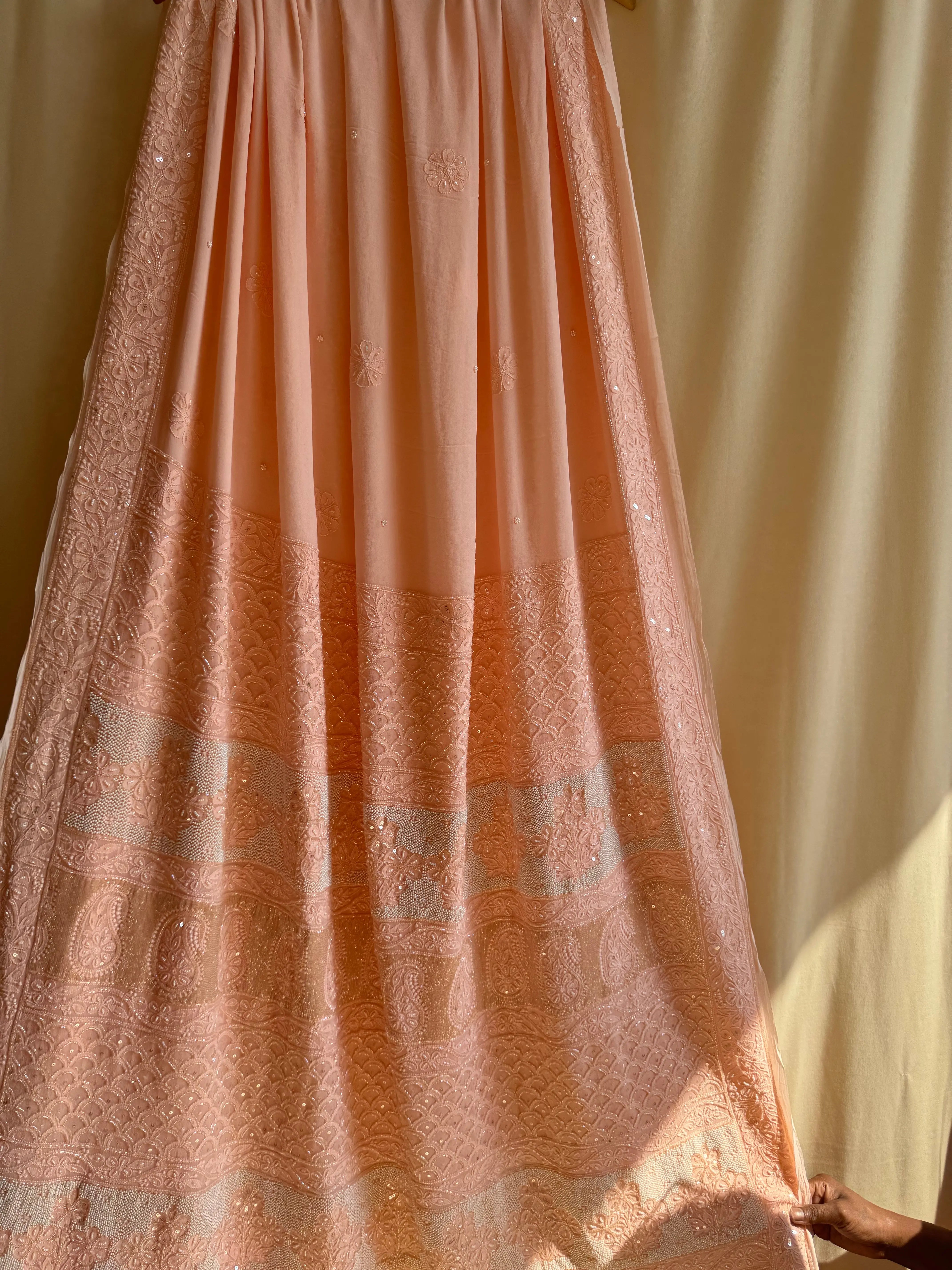 Viscose Peach Chikankari saree with Pearl embellishments ARIAA CHIKANKARI 