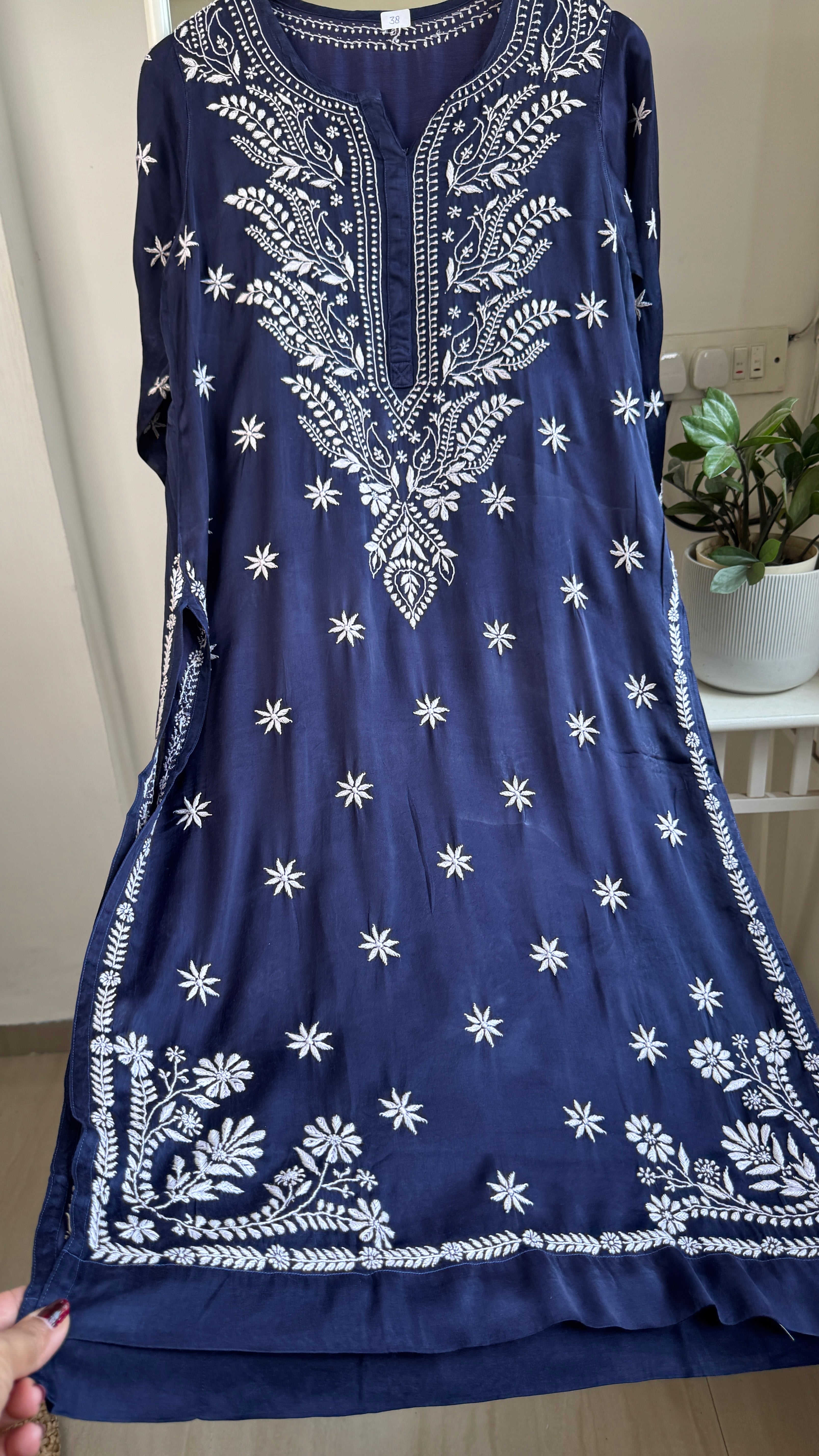 Modal Satin Silk Chikankari Pant Set - Dark Blue