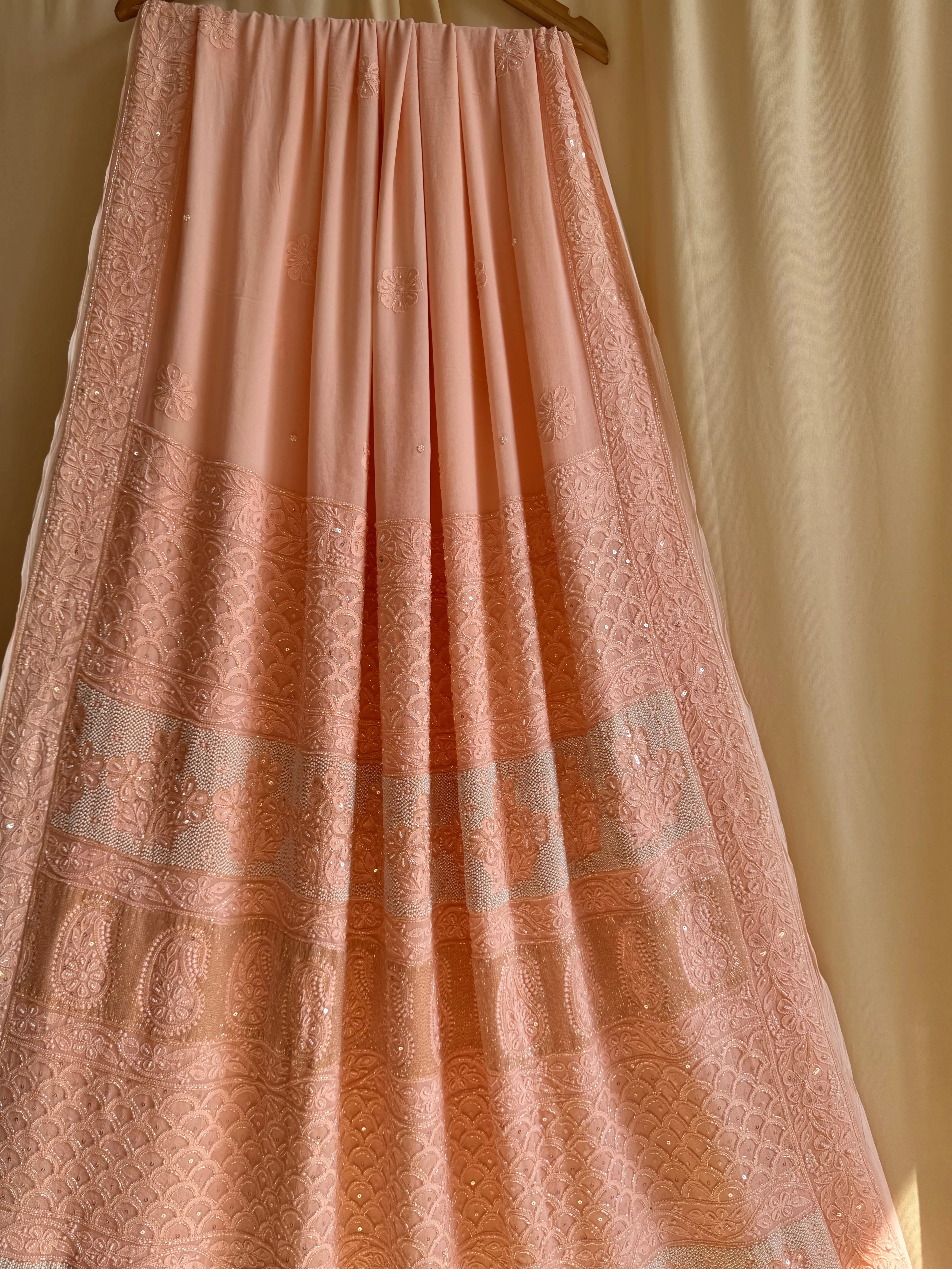 Viscose Peach Chikankari saree with Pearl embellishments ARIAA CHIKANKARI 