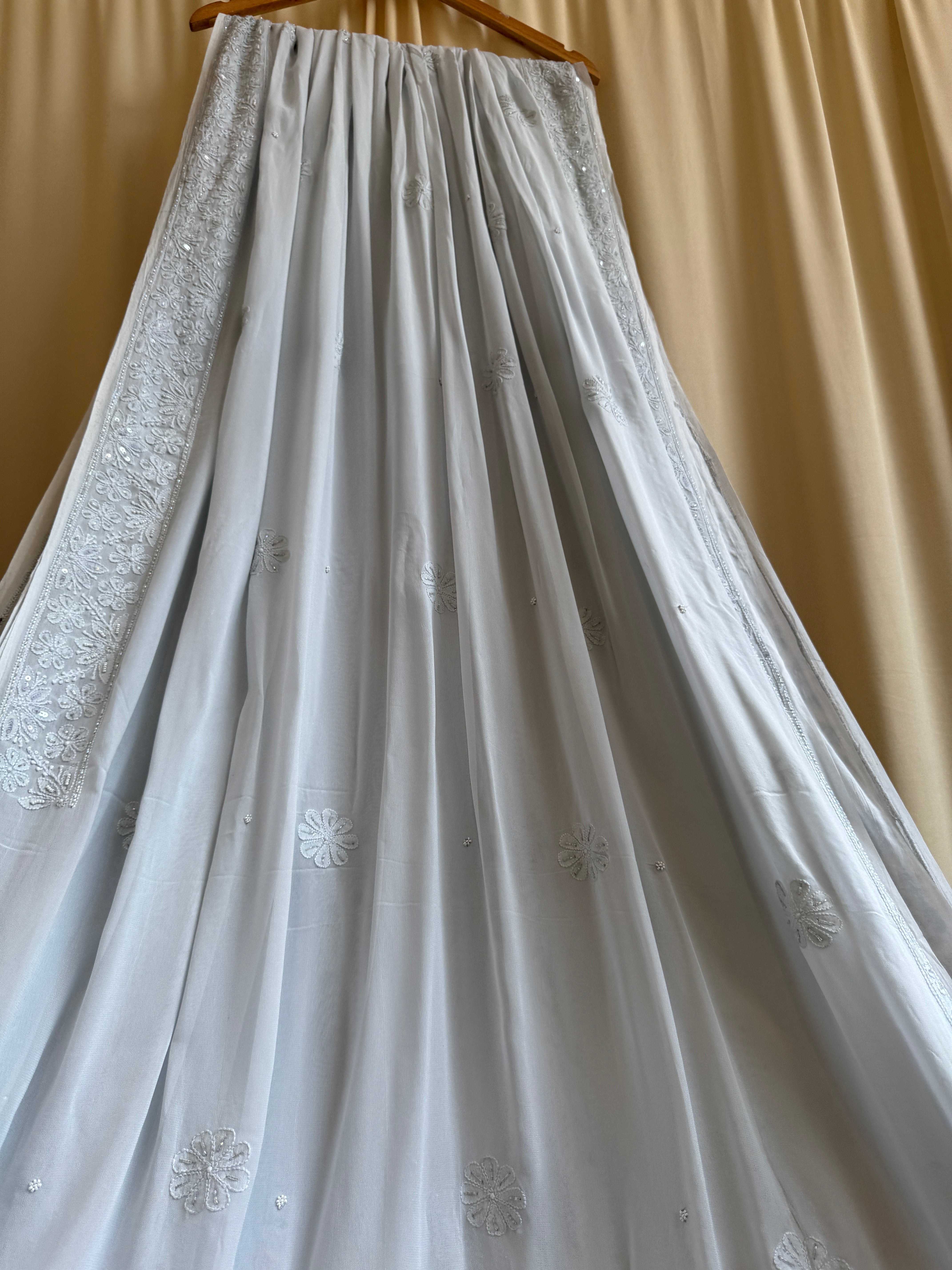 Viscose Light cool grey Chikankari saree with Pearl embellishments