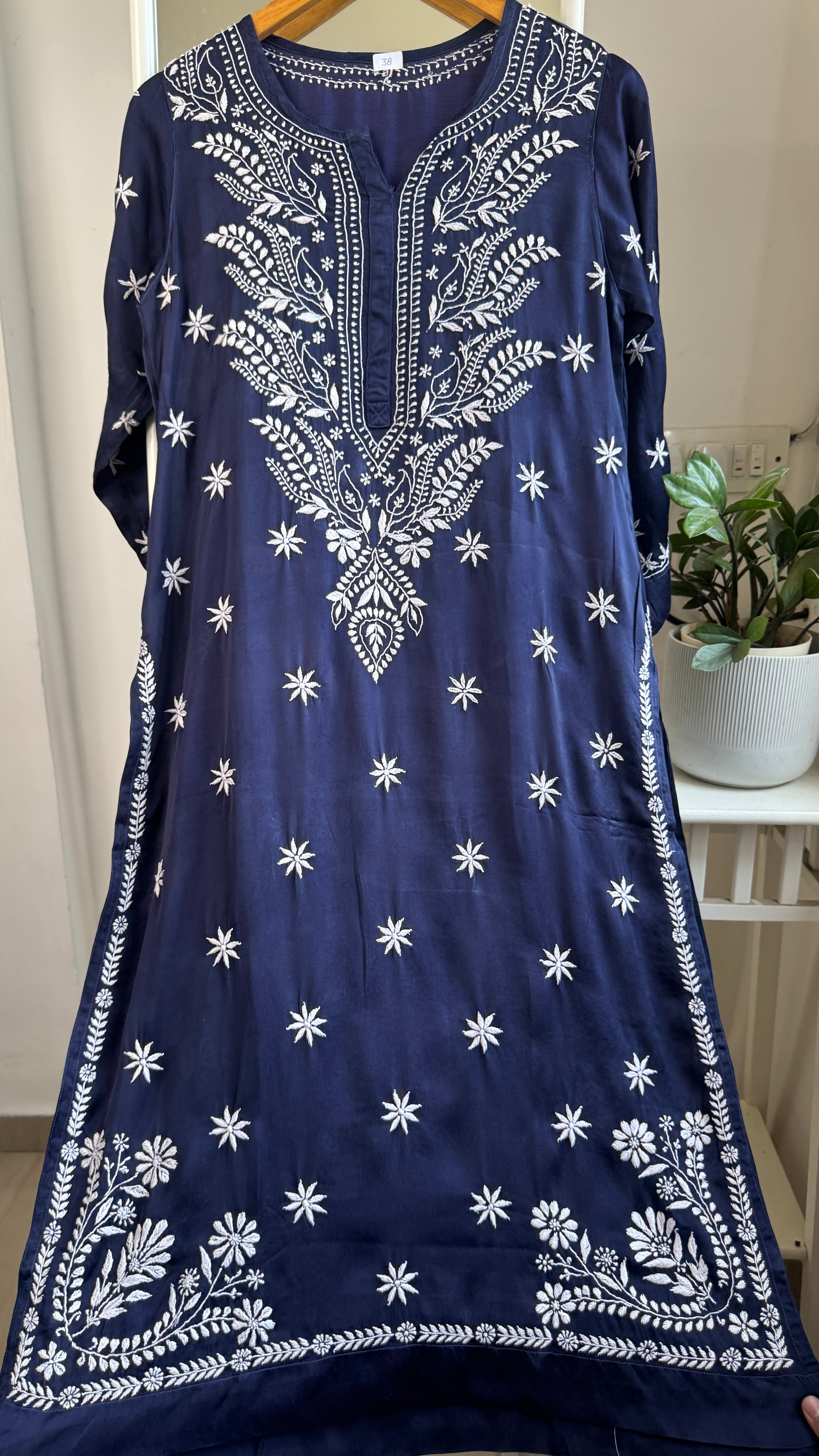 Modal Satin Silk Chikankari Pant Set - Dark Blue