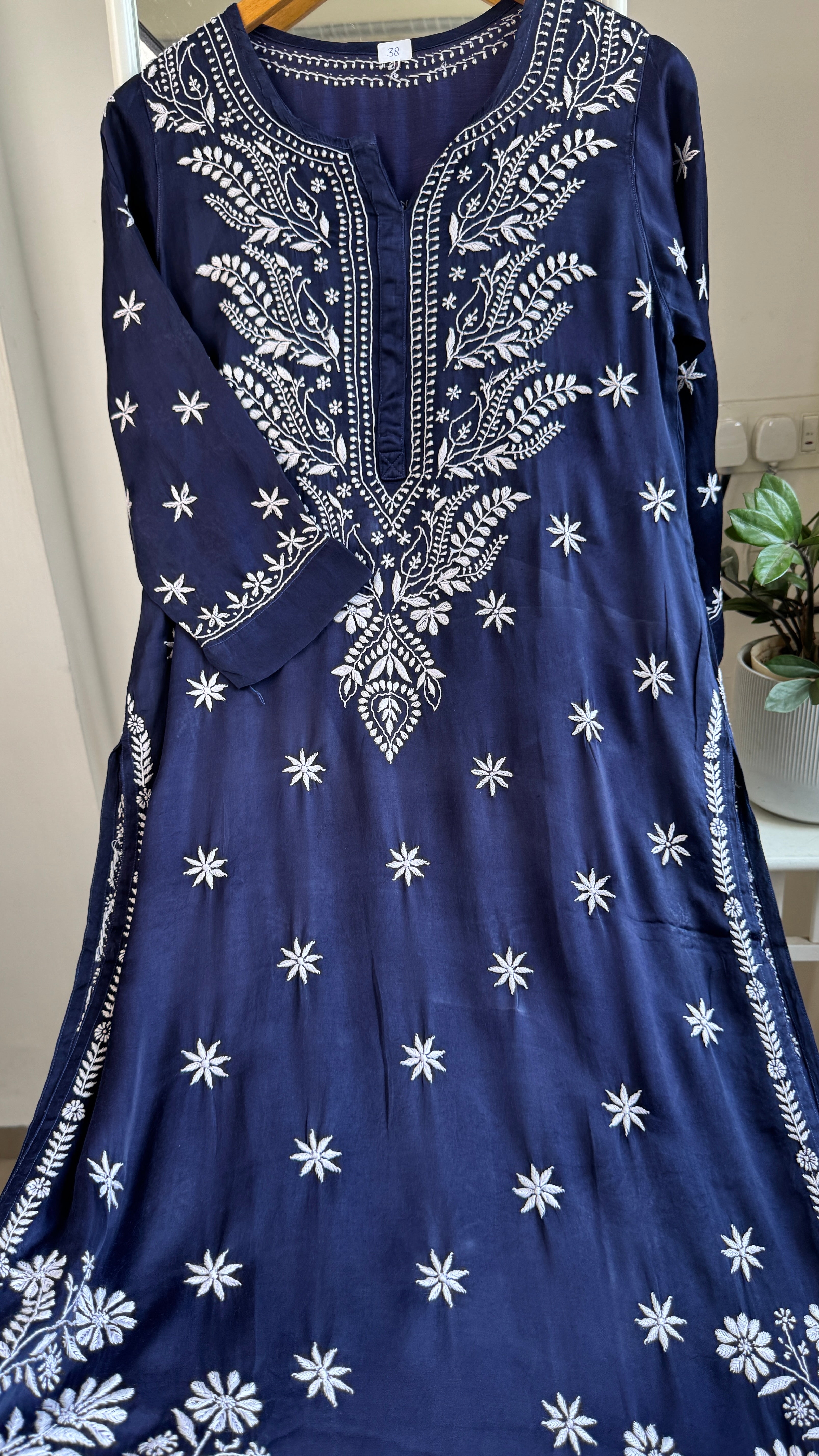 Modal Satin Silk Chikankari Pant Set - Dark Blue