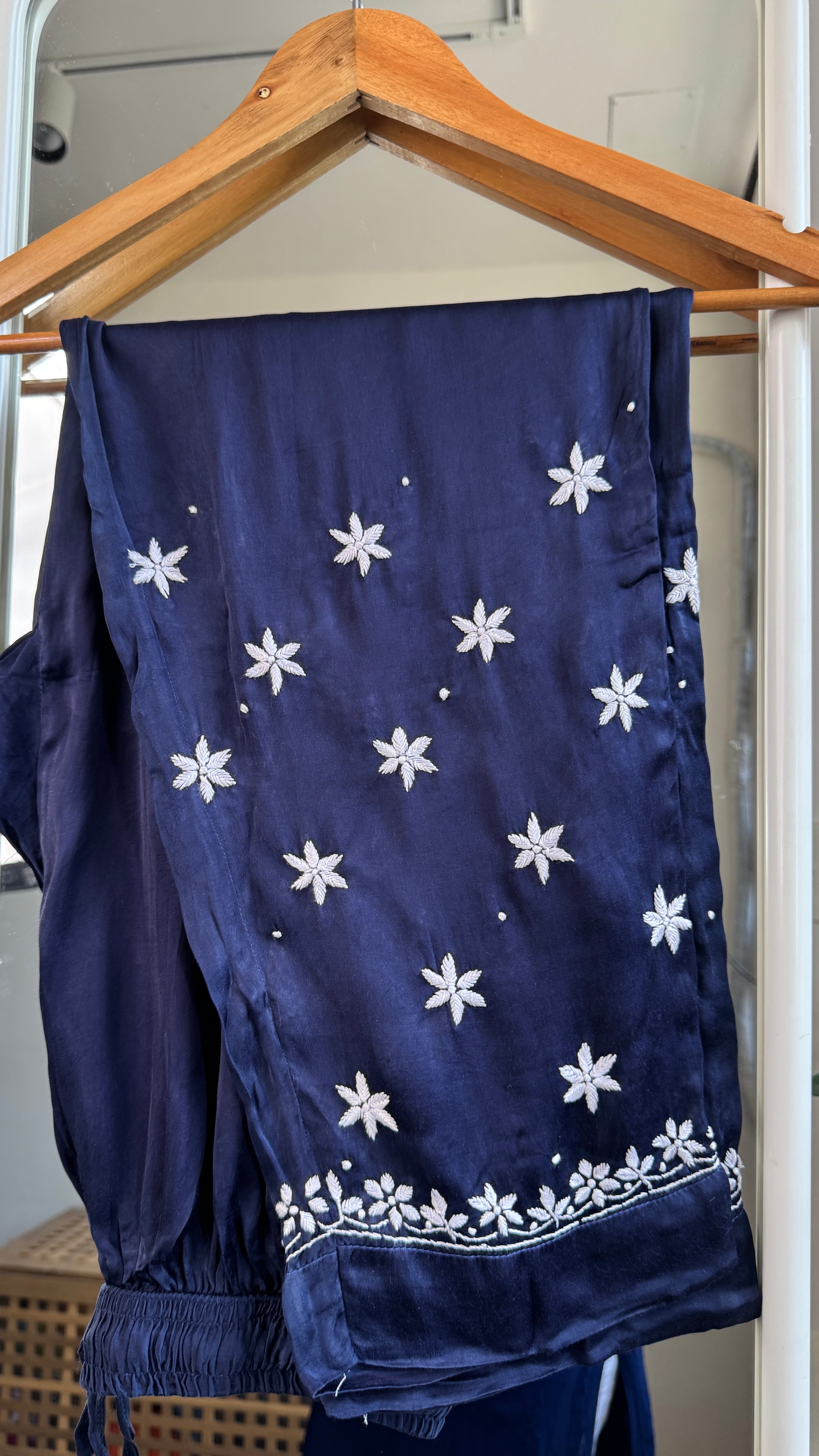 Modal Satin Silk Chikankari Pant Set - Dark Blue