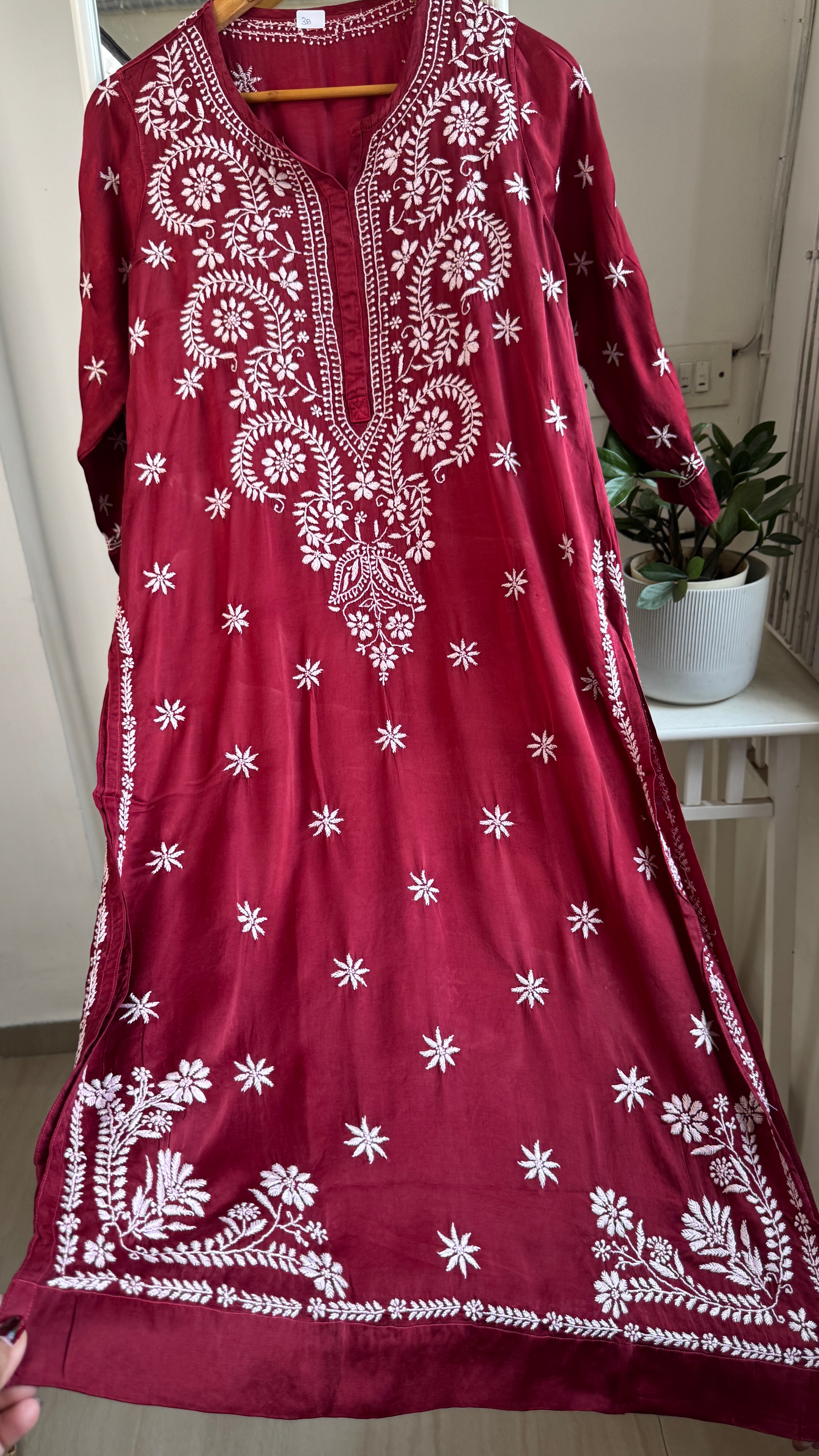 Modal Satin Silk Chikankari Pant Set - Maroon