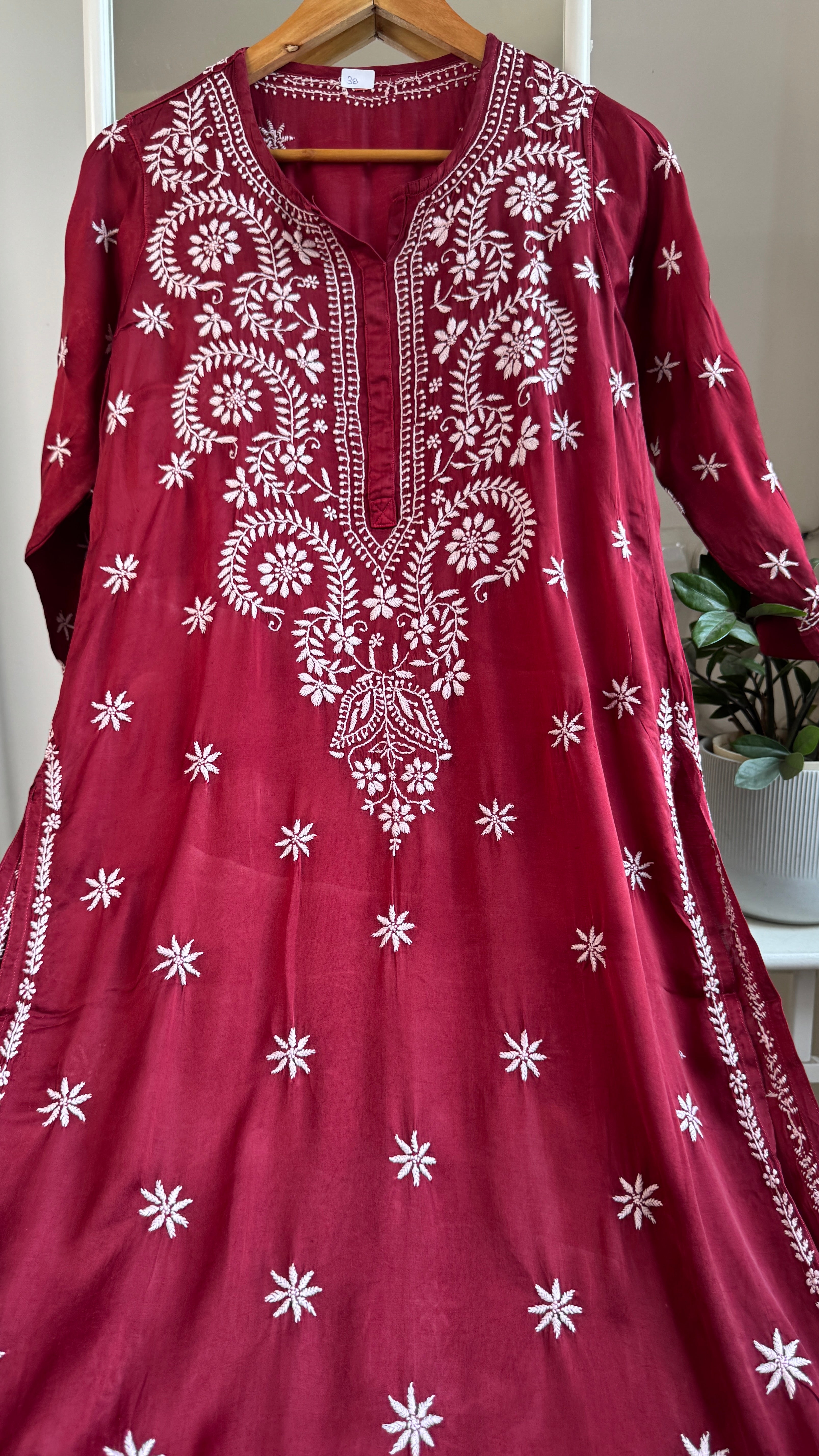 Modal Satin Silk Chikankari Pant Set - Maroon