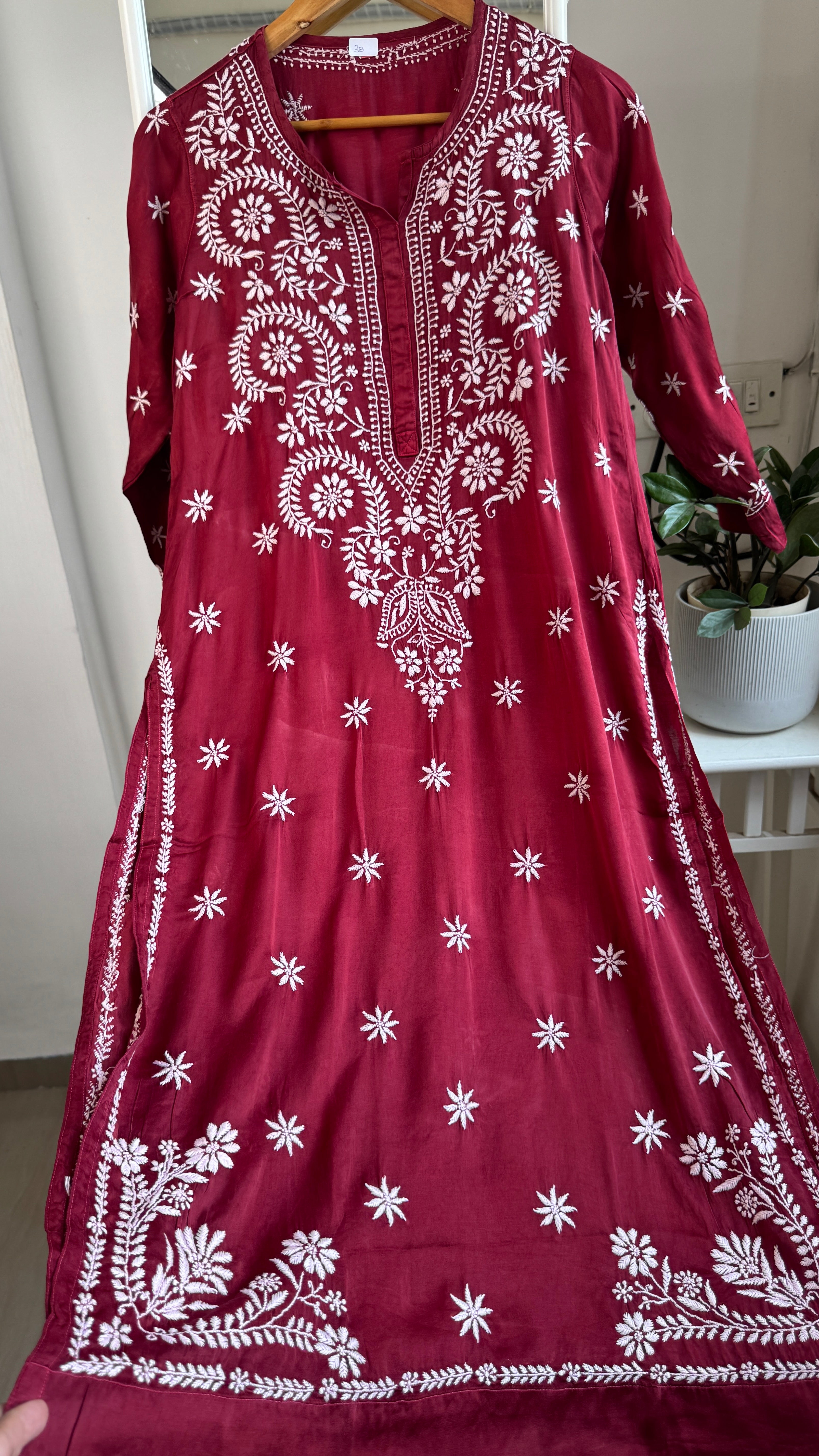 Modal Satin Silk Chikankari Pant Set - Maroon