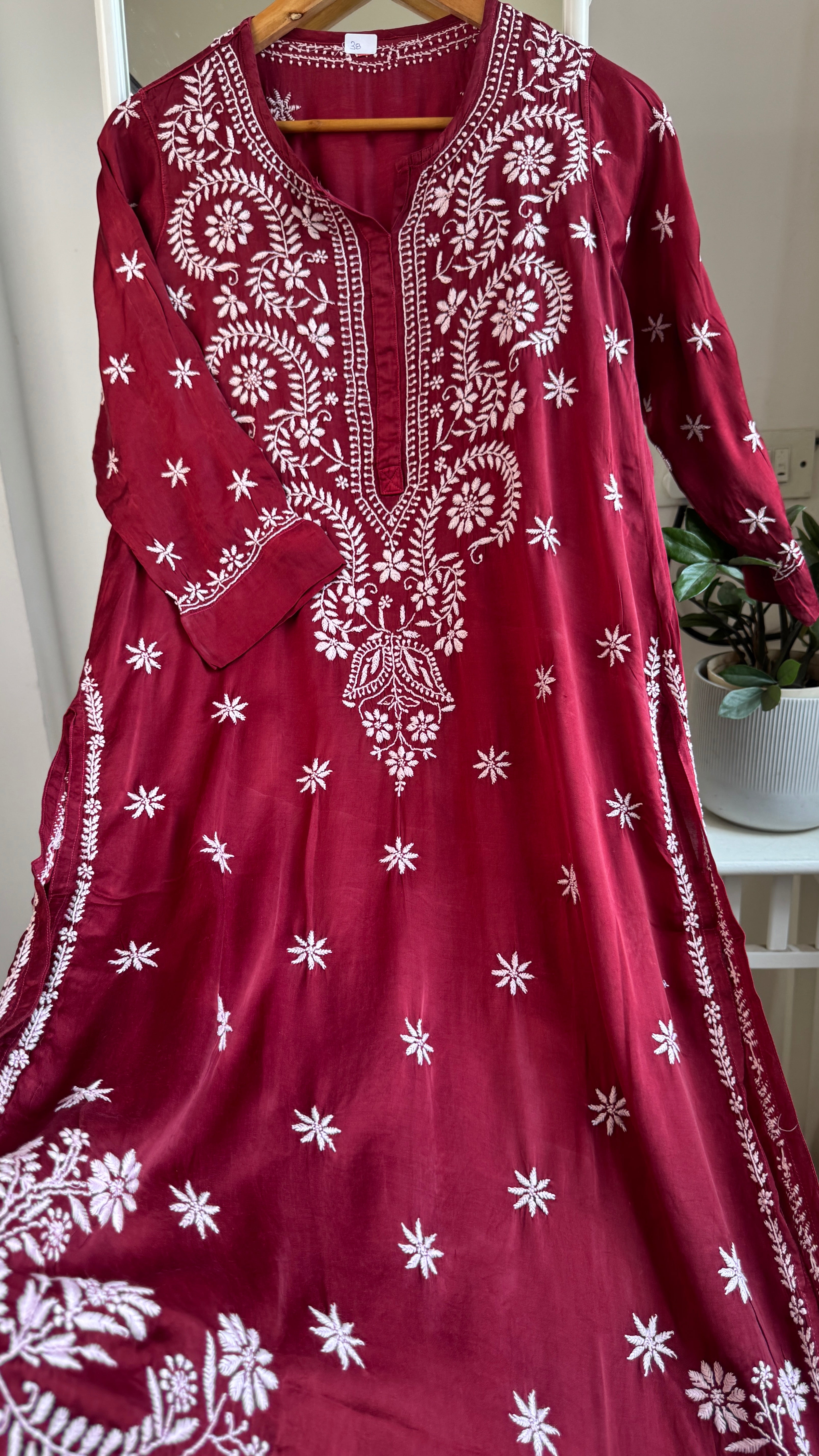 Modal Satin Silk Chikankari Pant Set - Maroon