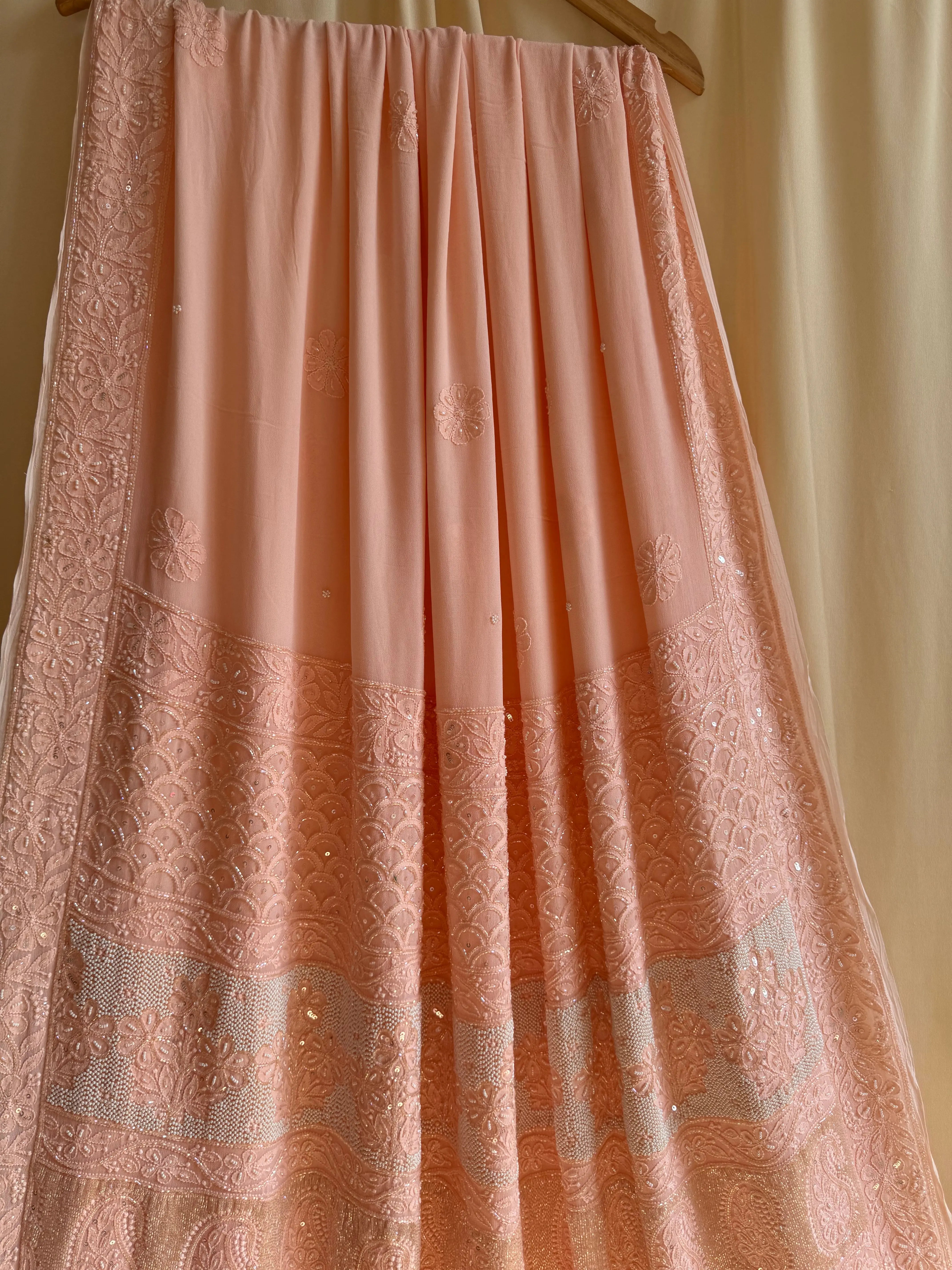 Viscose Peach Chikankari saree with Pearl embellishments ARIAA CHIKANKARI 