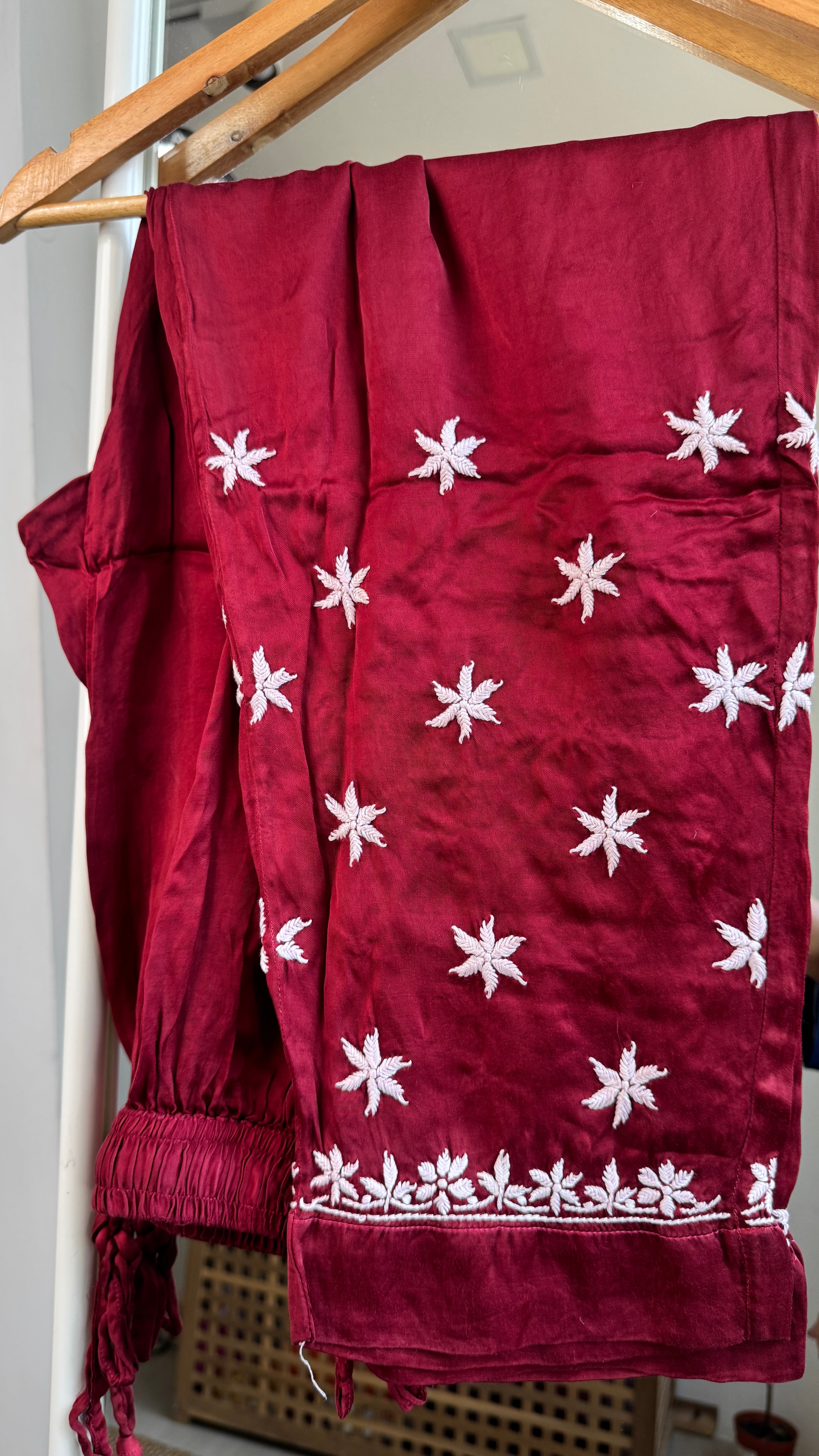 Modal Satin Silk Chikankari Pant Set - Maroon