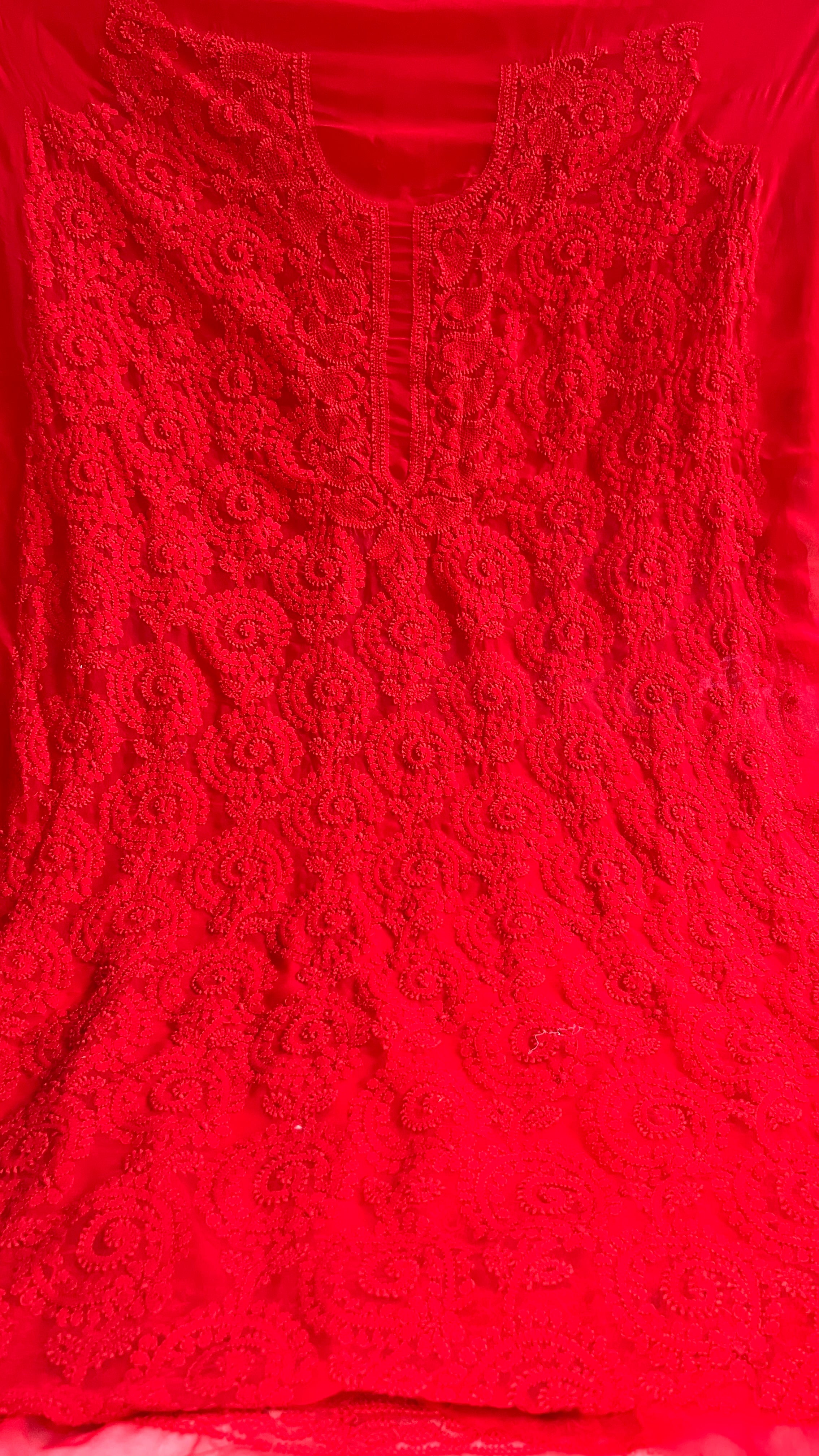 Handcrafted Lucknowi Semi Georgette Unstitched 3-Piece Chikankari Suit Set - Full Jaal - ARIAA CHIKANKARI